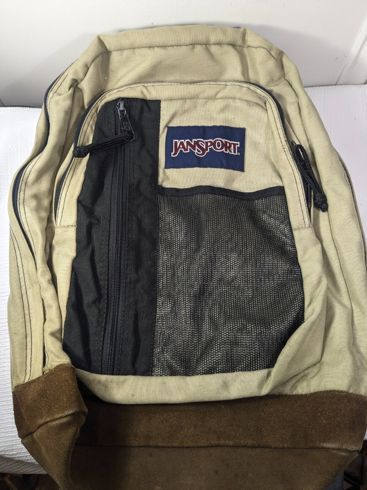 Vintage Jansport backpack suede leather bottom tan brow black mesh front Mexico
