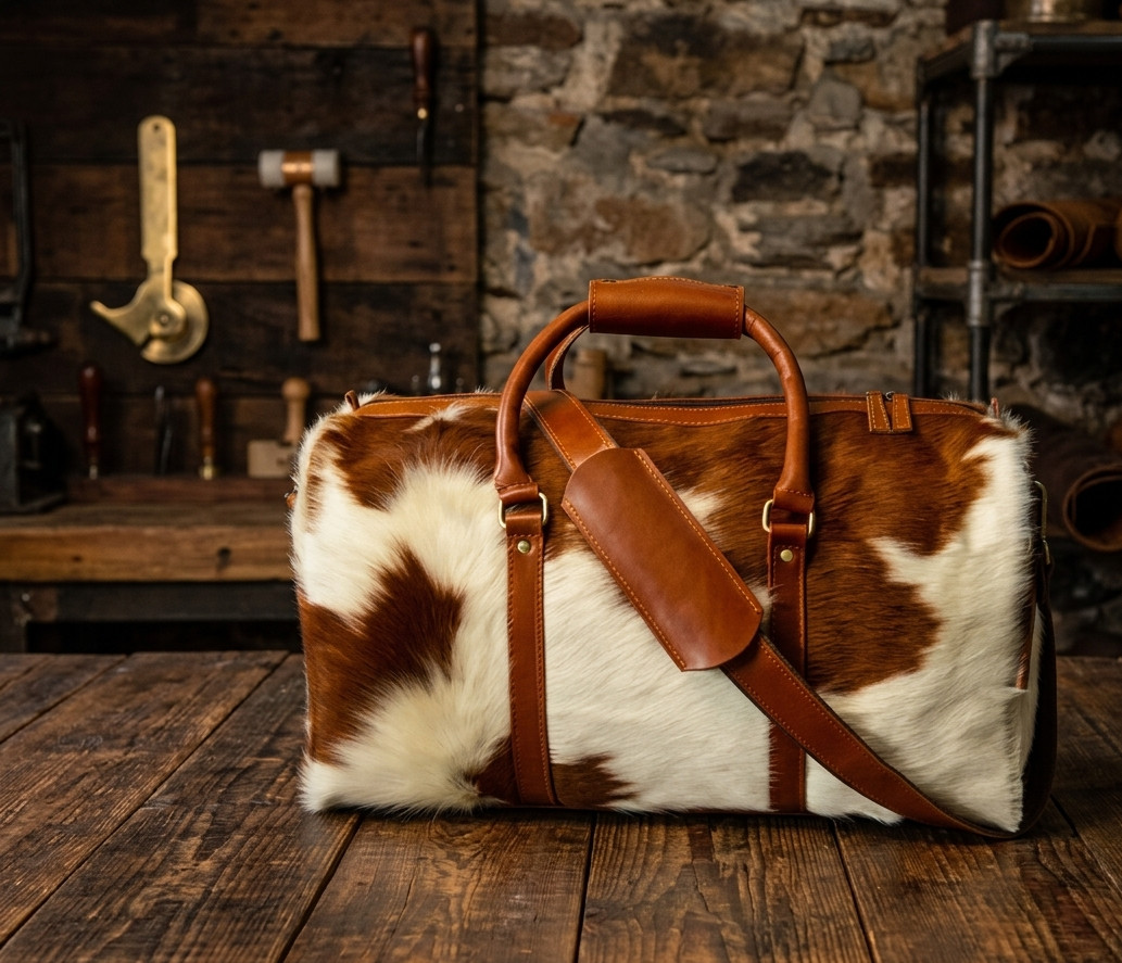 Brown White Hair On Cowhide Leather Duffle Bag Men Women Travel Weekender Overni
