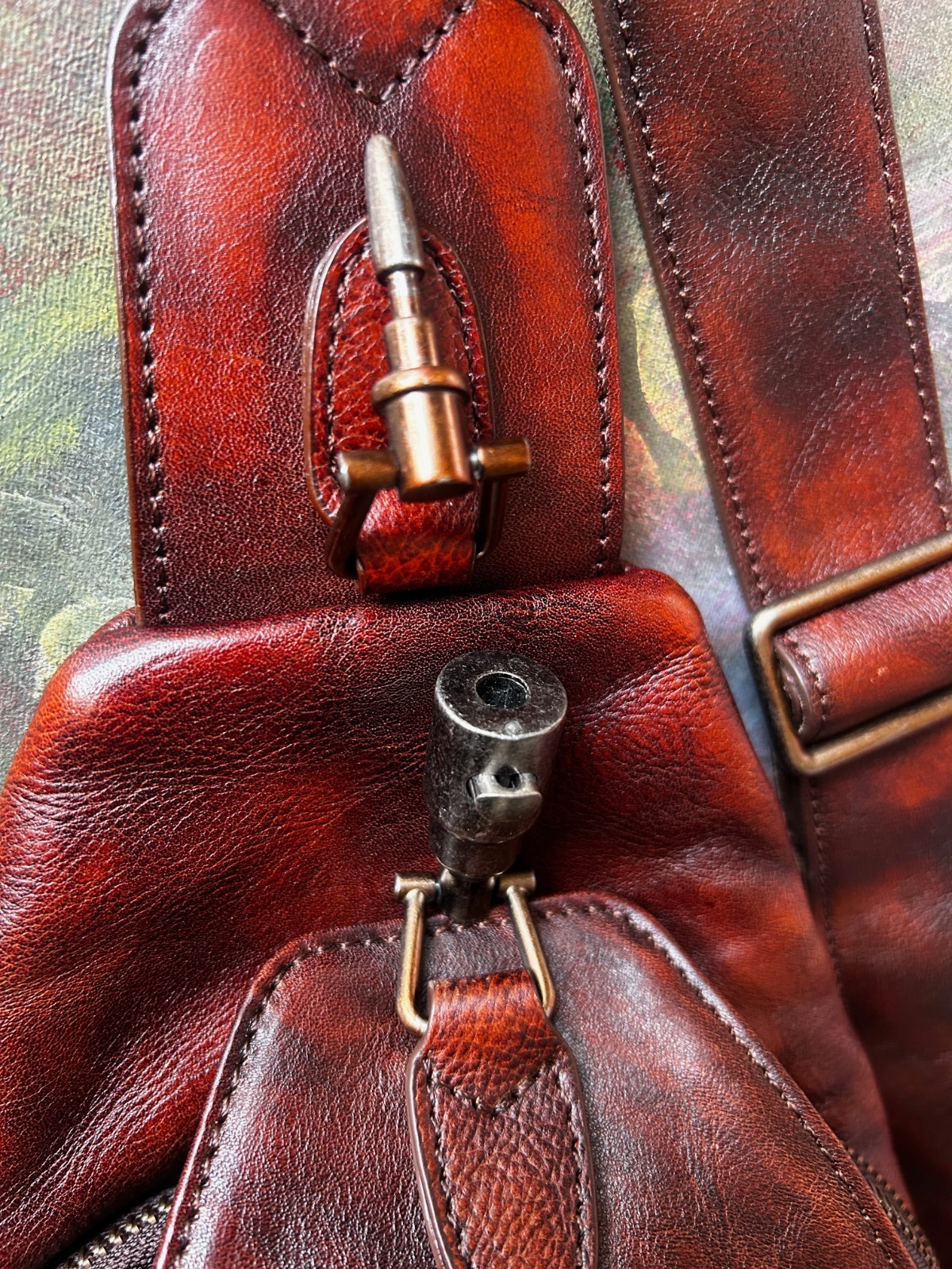 Reddish Brown Leather Sling Bag, Multi-Compartment, Medium Size, Unbranded