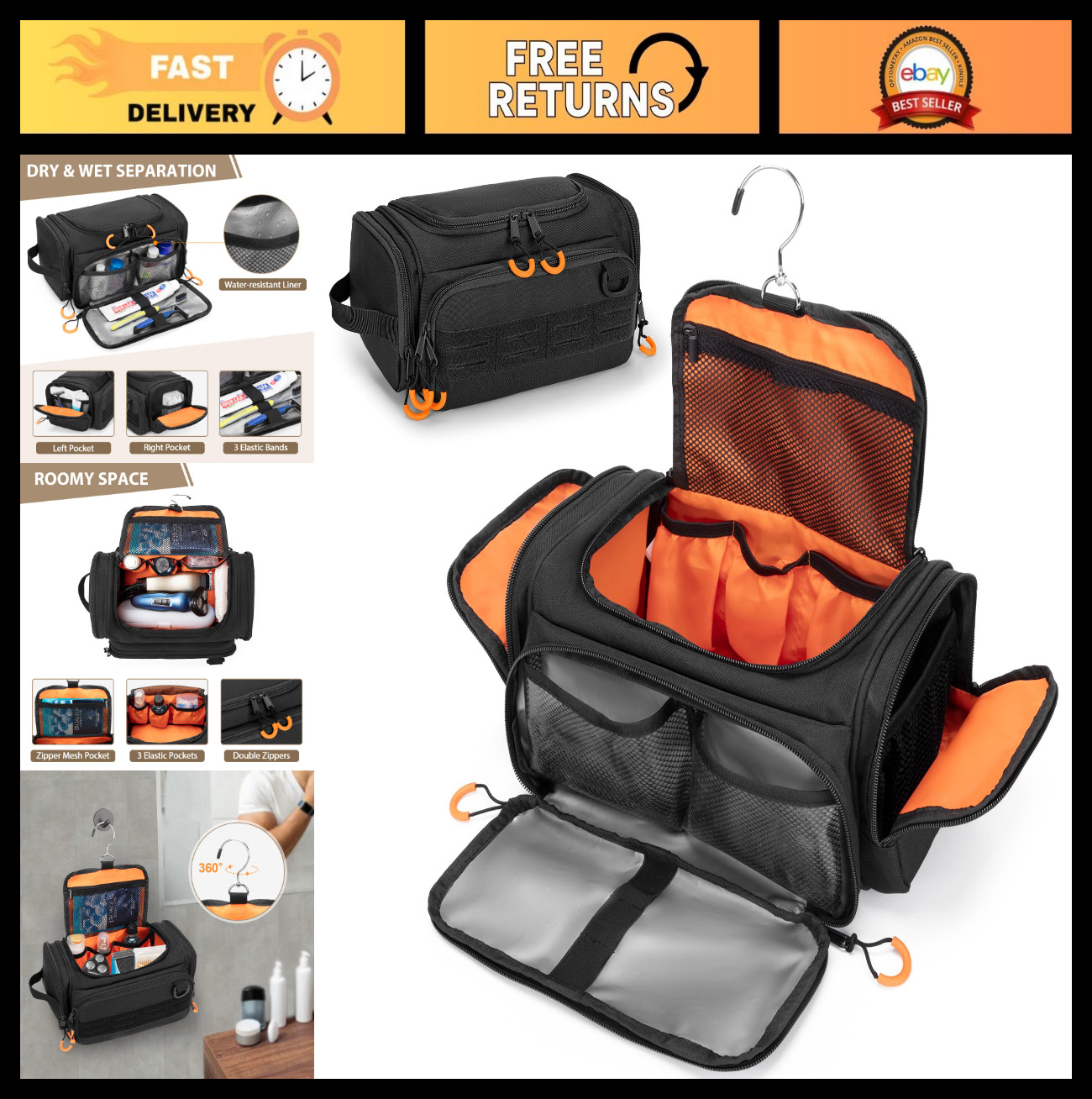 Tactical Hanging Toiletry Bag for Men | Travel Dopp Kit with Hook, Wet & Dry Poc