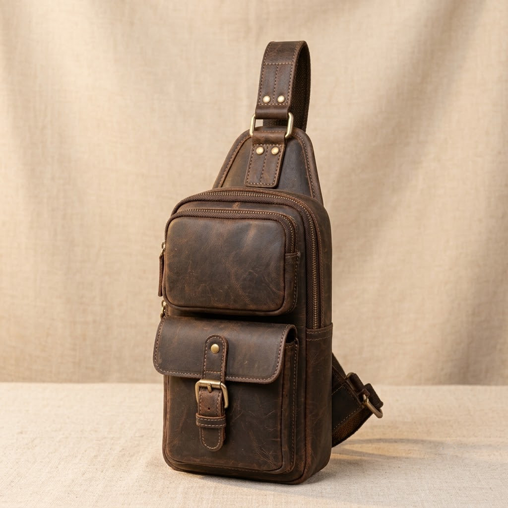 Men’s Genuine Leather Crossbody Bag Vintage Sling Shoulder Travel Chest Bag