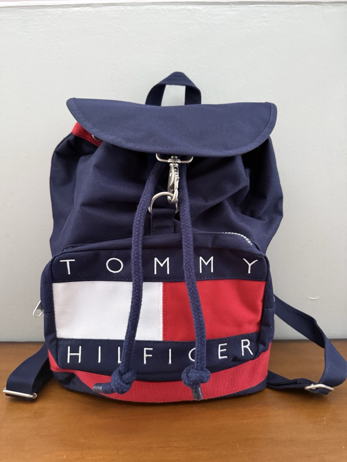 Vintage Tommy Hilfiger Canvas Backpack 1990s Nap Sack Tote Bag Big Flag Logo
