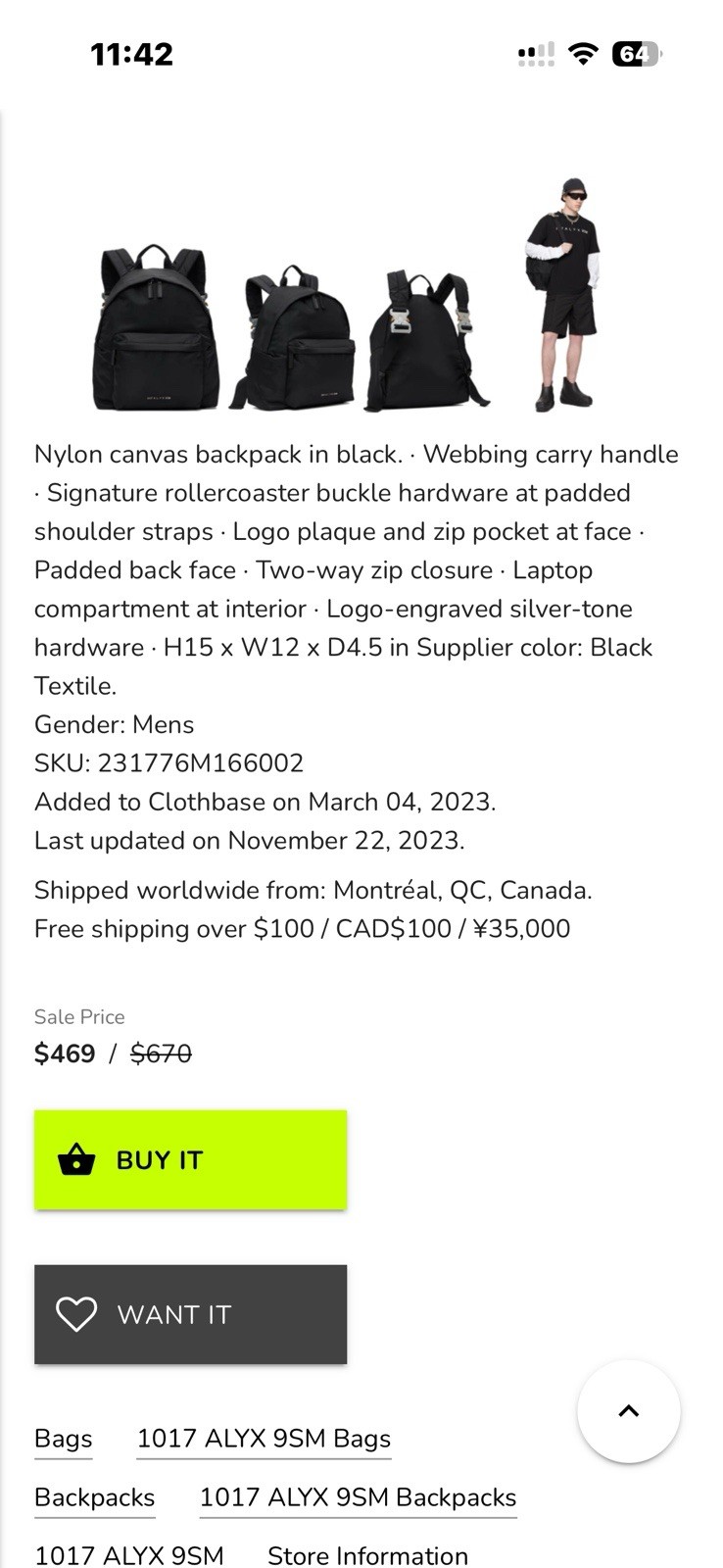 1017 ALYX 9SM Black Backpack Zip Laptop Compartment Padded Back Outer Pockets