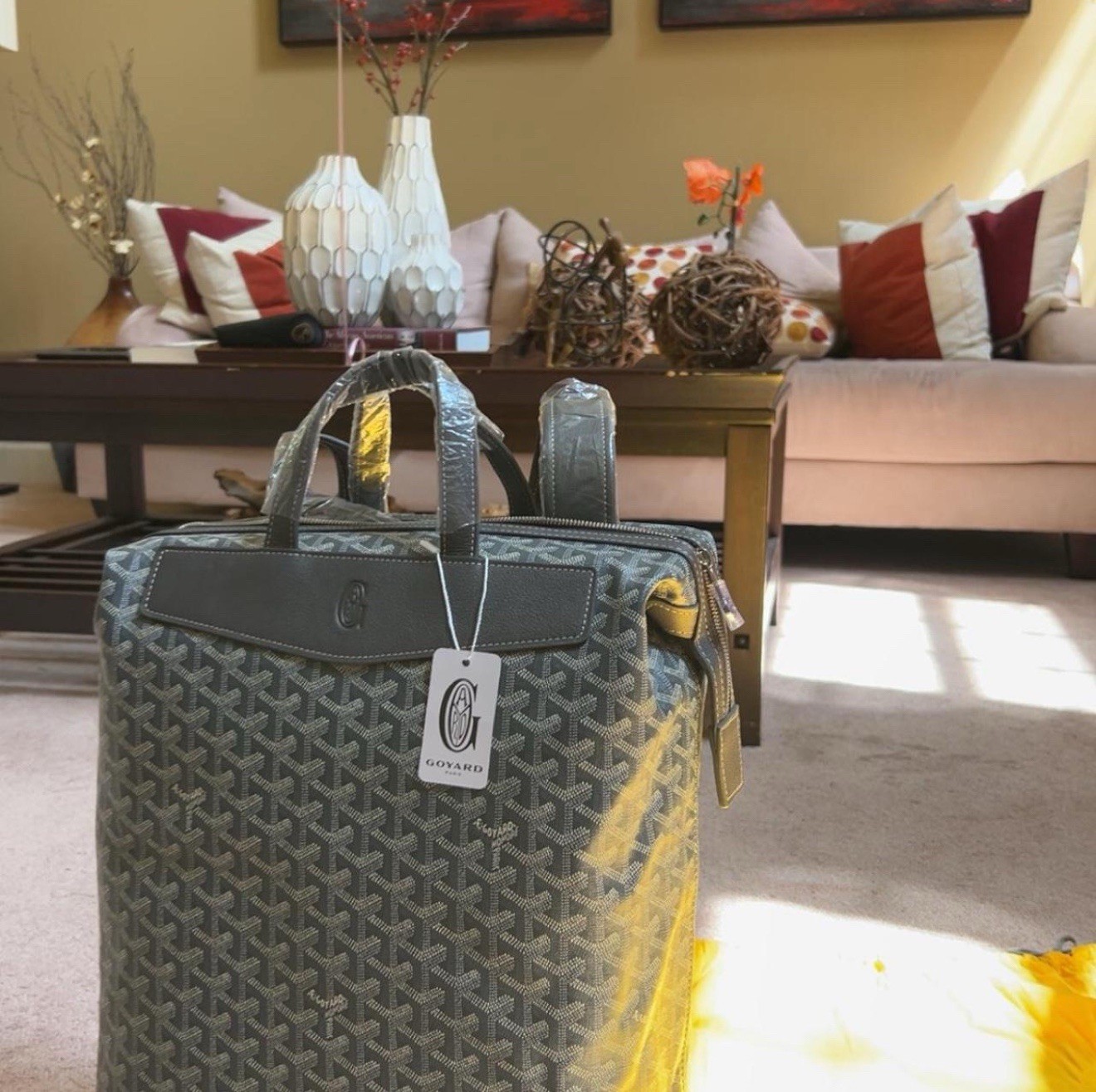 Goyard Green Leather Book Bag with Goyard Print and Zip Back