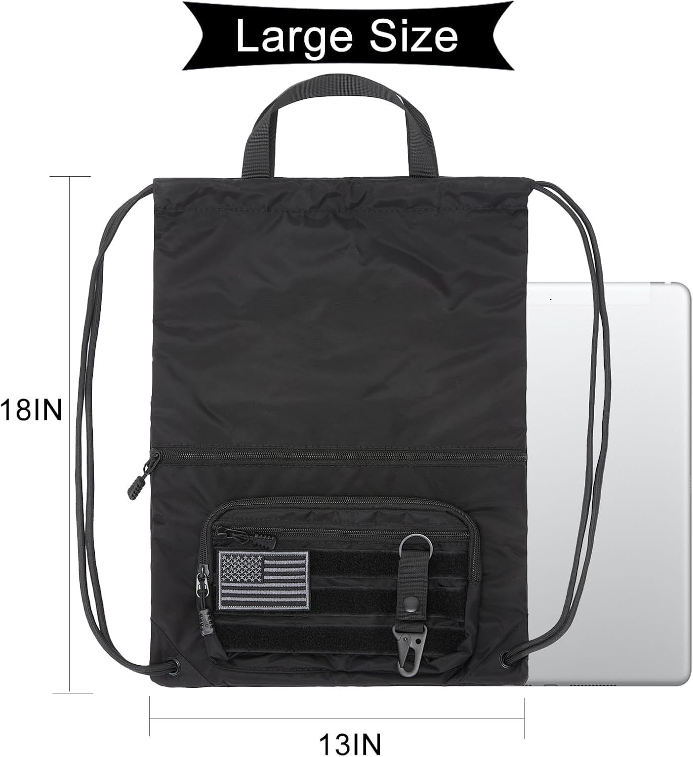 Drawstring Backpack Tactical Waterproof Zipper Pockets Sport Gym Sackpack Black