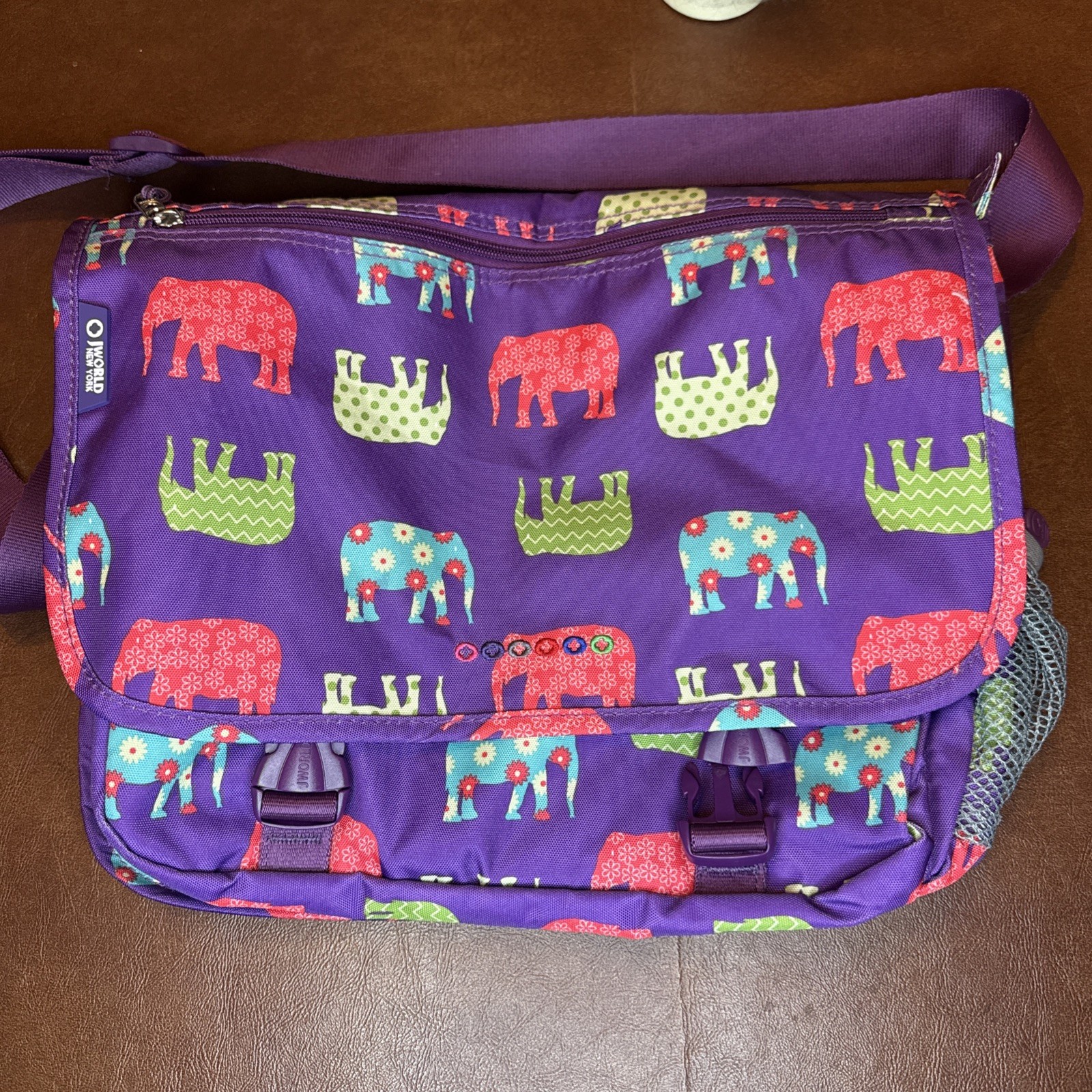 J World New York Canvas Messenger Bag Purple Elephants 14.5”