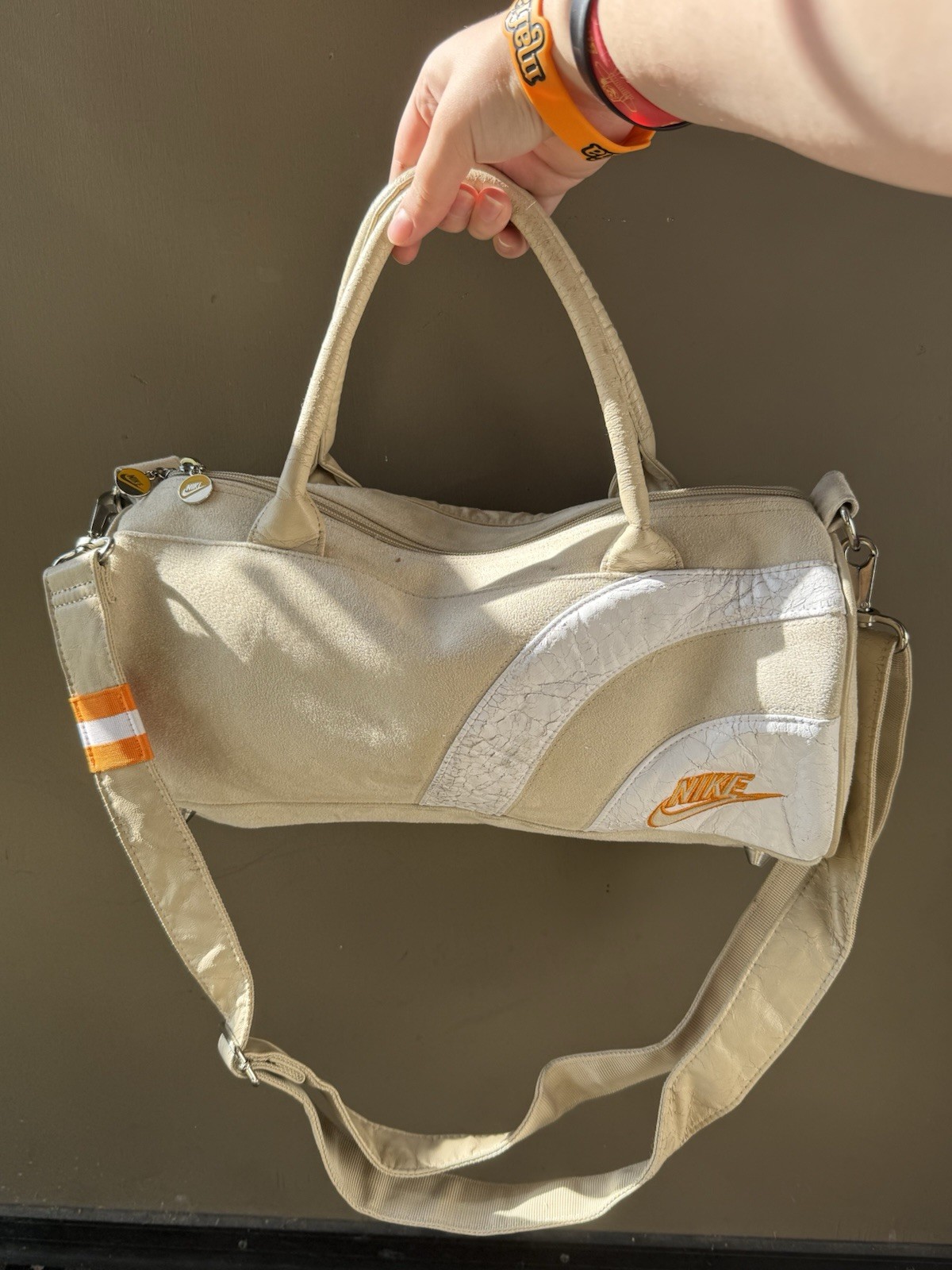 Rare Vintage Nike Duffle Bag / Purse White Swoosh 90s Y2K Yellow Orange Accent