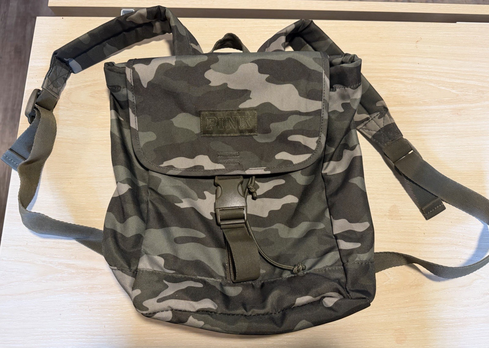 PINK Army Camouflage Backpack Green Buckle Drawstring Adjustable