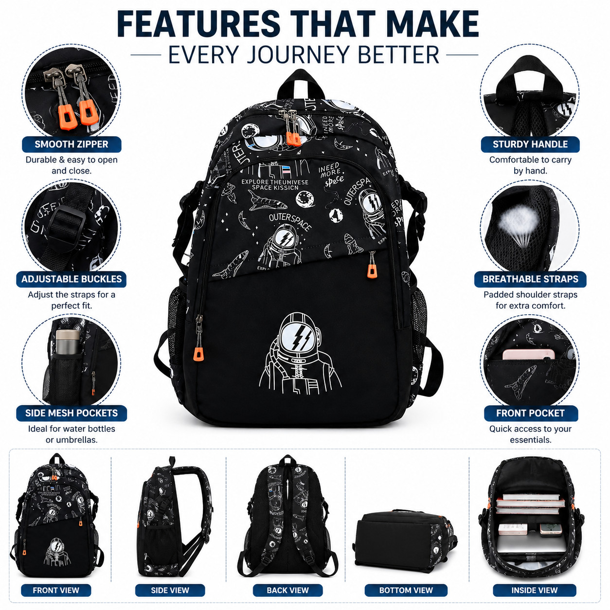 Boys Large School Backpack Astronaut Space 18″ Laptop Bag Lightweight Black