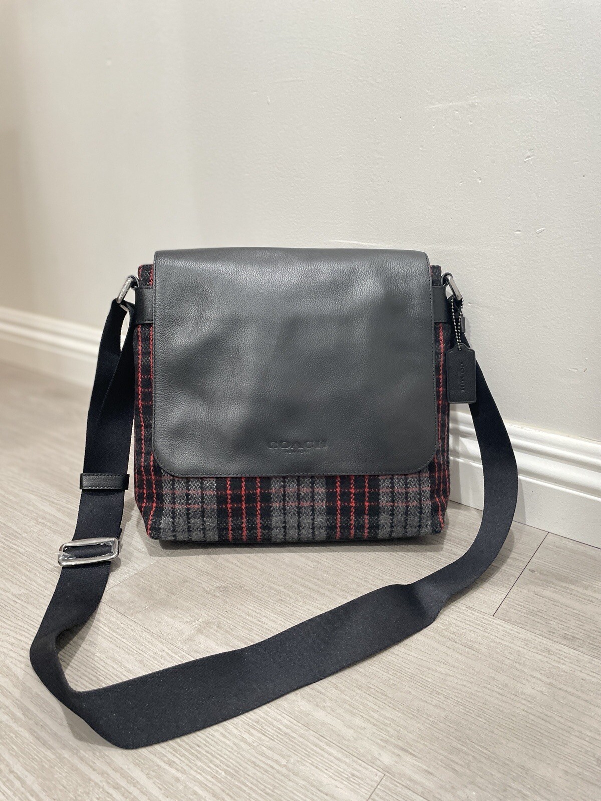 Wool Plaid Leather Flap Crossbody Messenger Bag Black Red Adjustable Strap Men