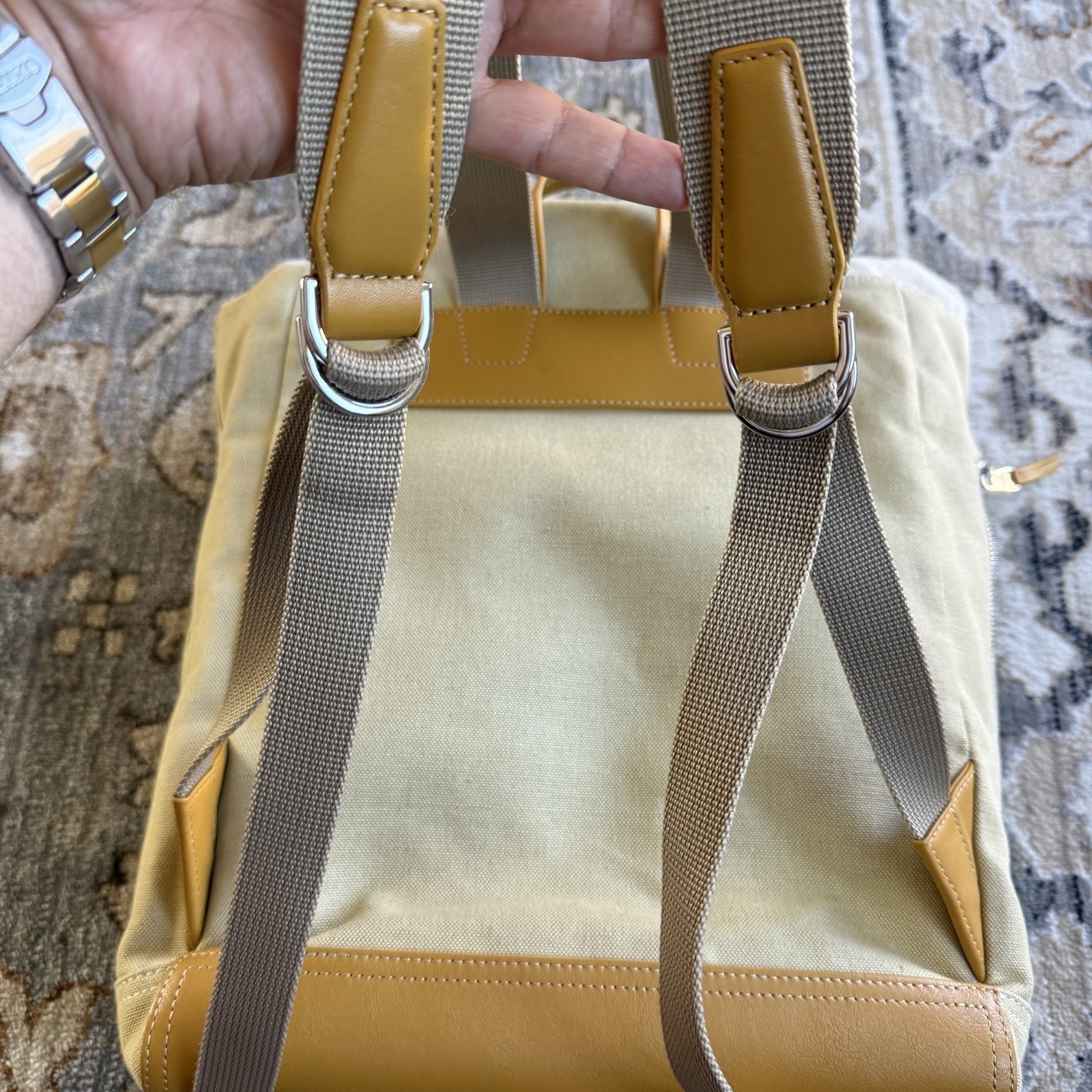 Paul Smith Canvas Backpack In Sand Beige Cotton Linen Blend Leather Trim $675