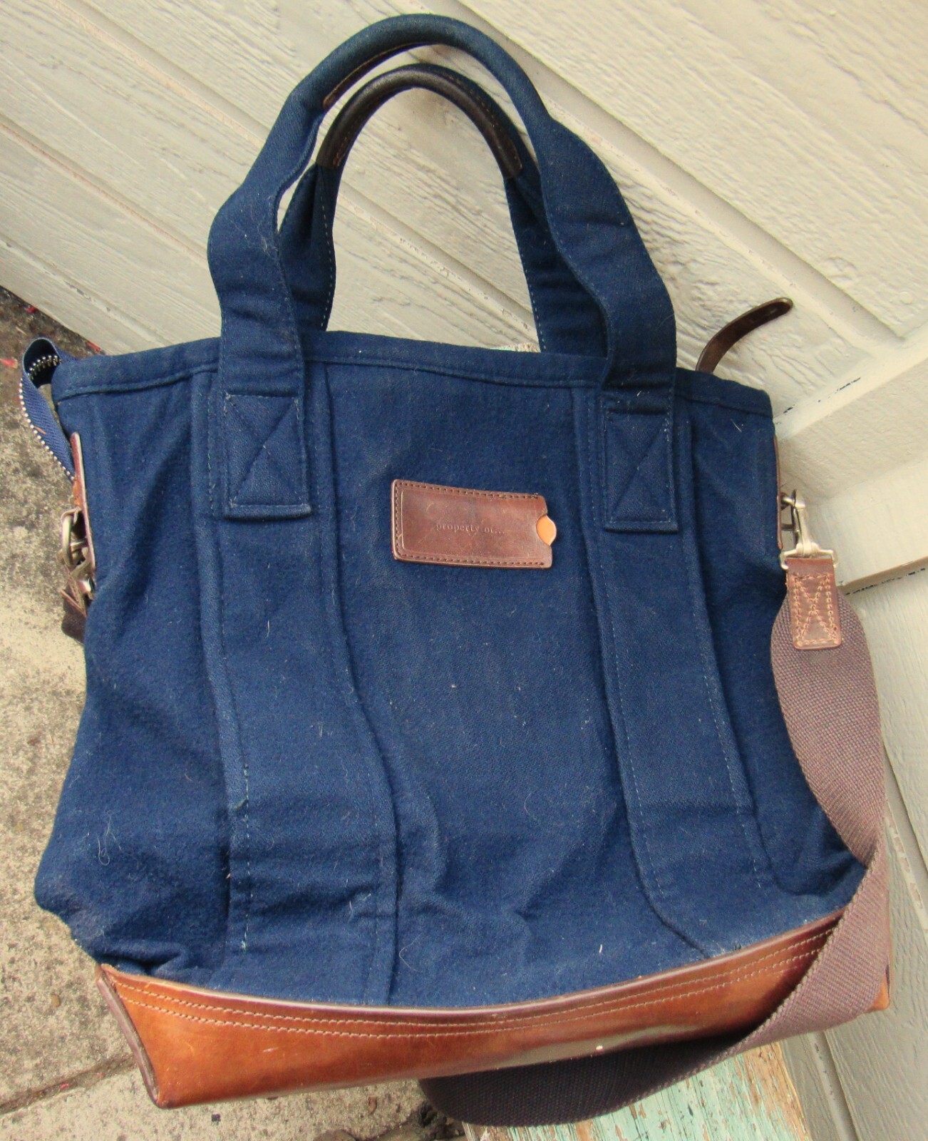 property of…Blue Cotton Fabric and Leather Large Zip LEX Work Tote Bag EUC