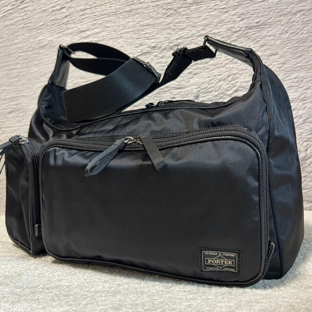 PORTER Plan Nylon Shoulder Bag Black Men Zip Woven Yoshida Kaban 35x20x14cm