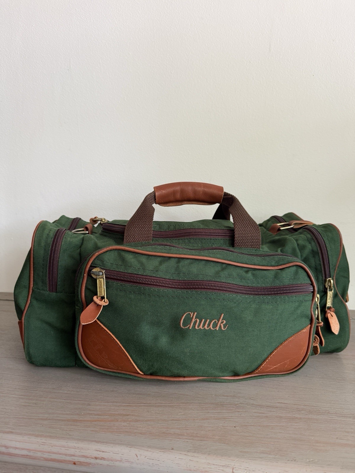 Vintage LL Bean Green Continental Weekender Duffle Bag Canvas Leather Mono CHUCK