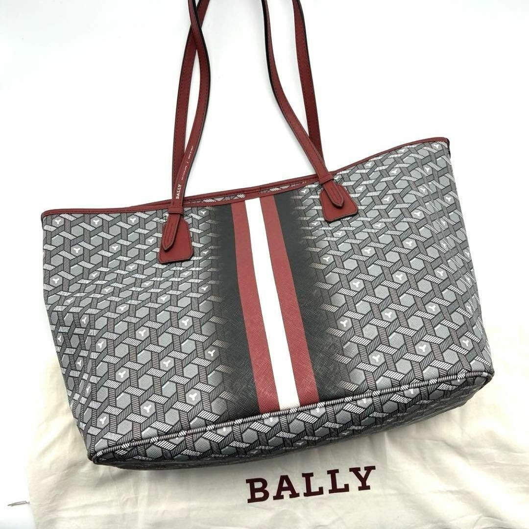 Bally Men’s Tote Shoulder Bag PVC Leather Gray Black Red Stripe 34x28x17cm