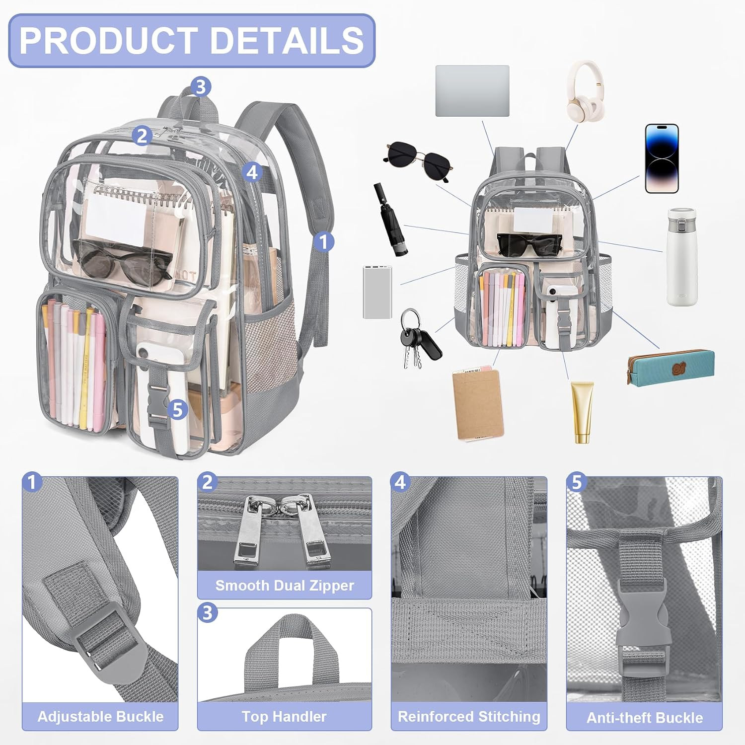 Clear Backpack for School, Large Heavy Duty Clear Bookbag with Luggage Strap & S