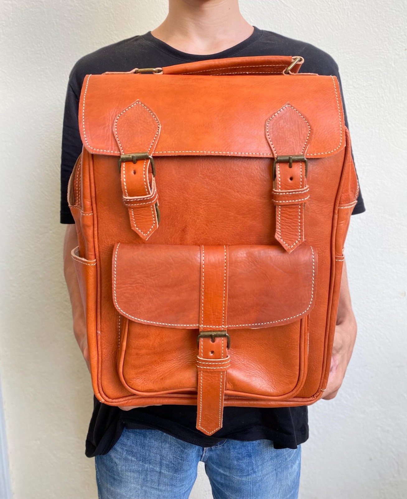 Handcrafted Genuine Leather Backpack – Cognac Color | 45 × 33 cm | Handmade