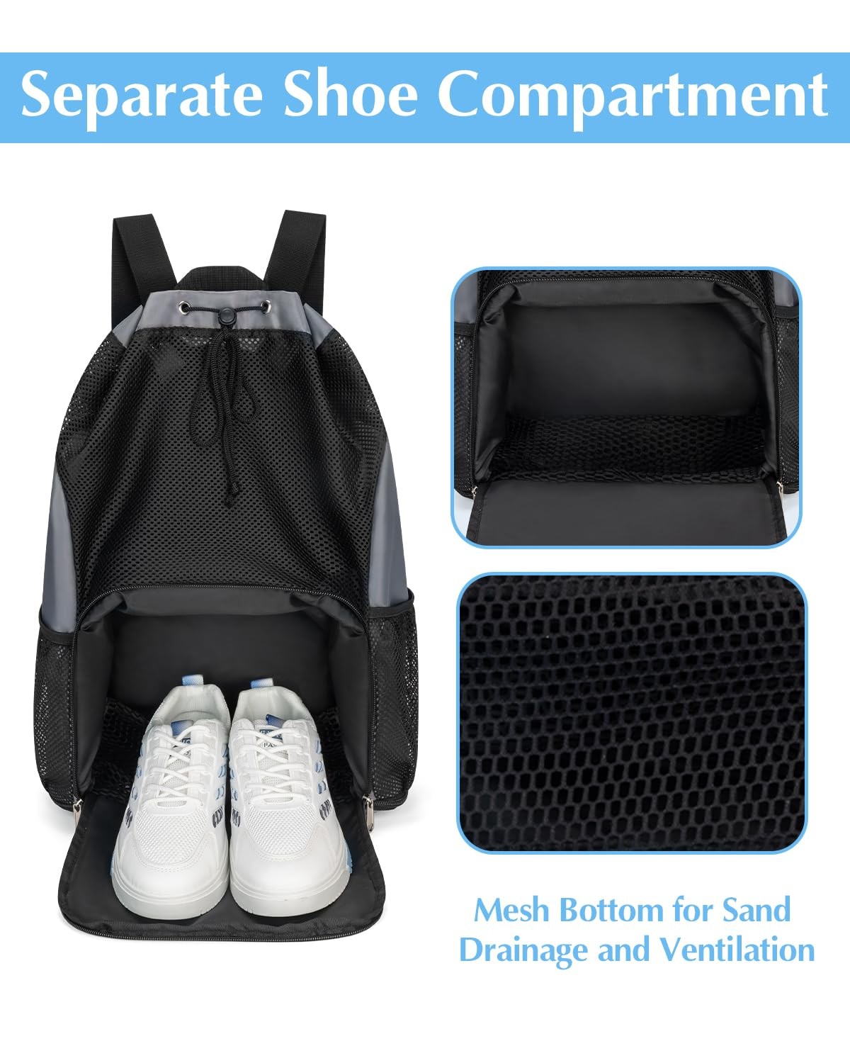 Drawstring Sandproof Beach Backpack Shoe Compartment Wet Pocket Swim Grey