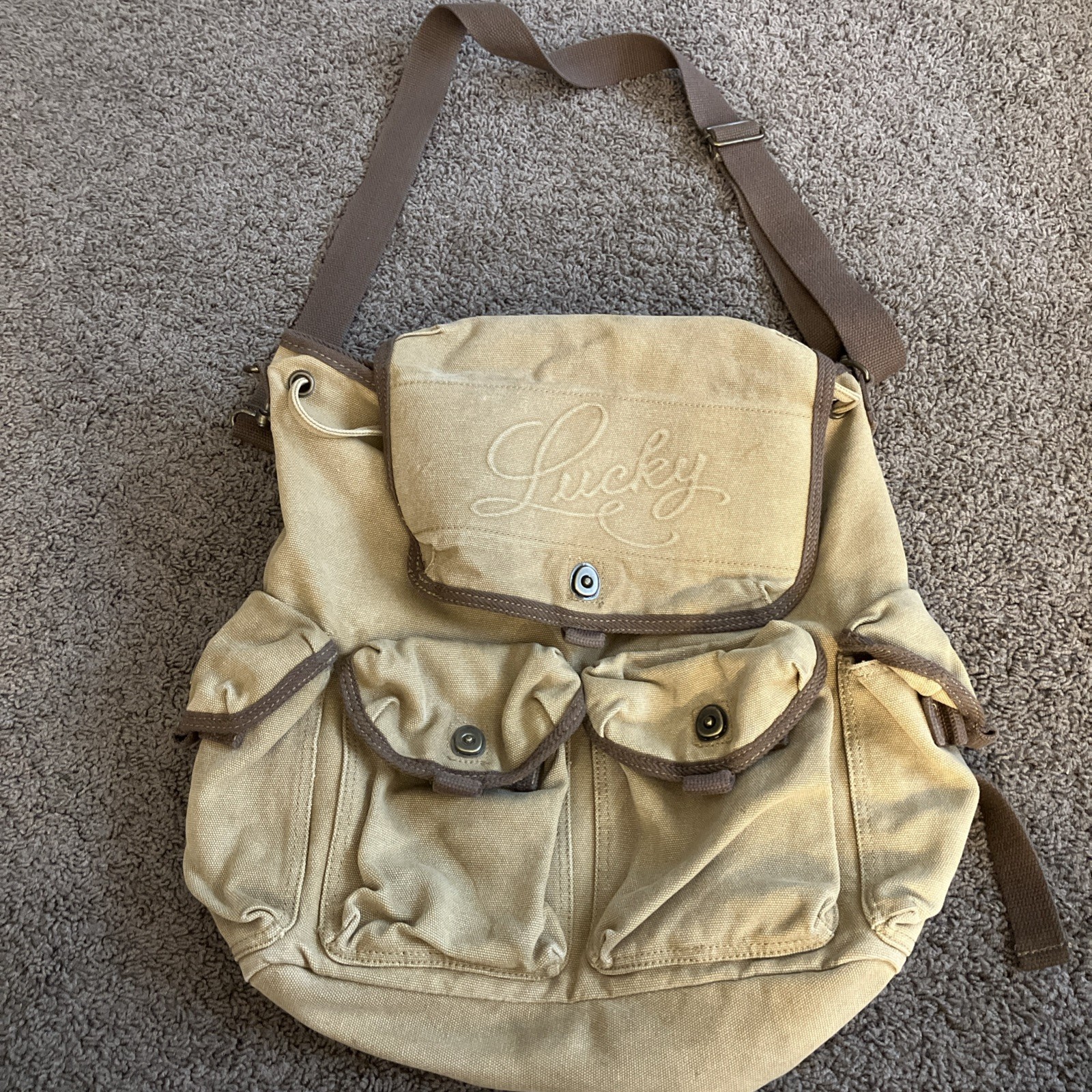 Rare Lucky Brand Beige Canvas Drawstring Backpack Messenger Bag Y2K 15”x15”x5”