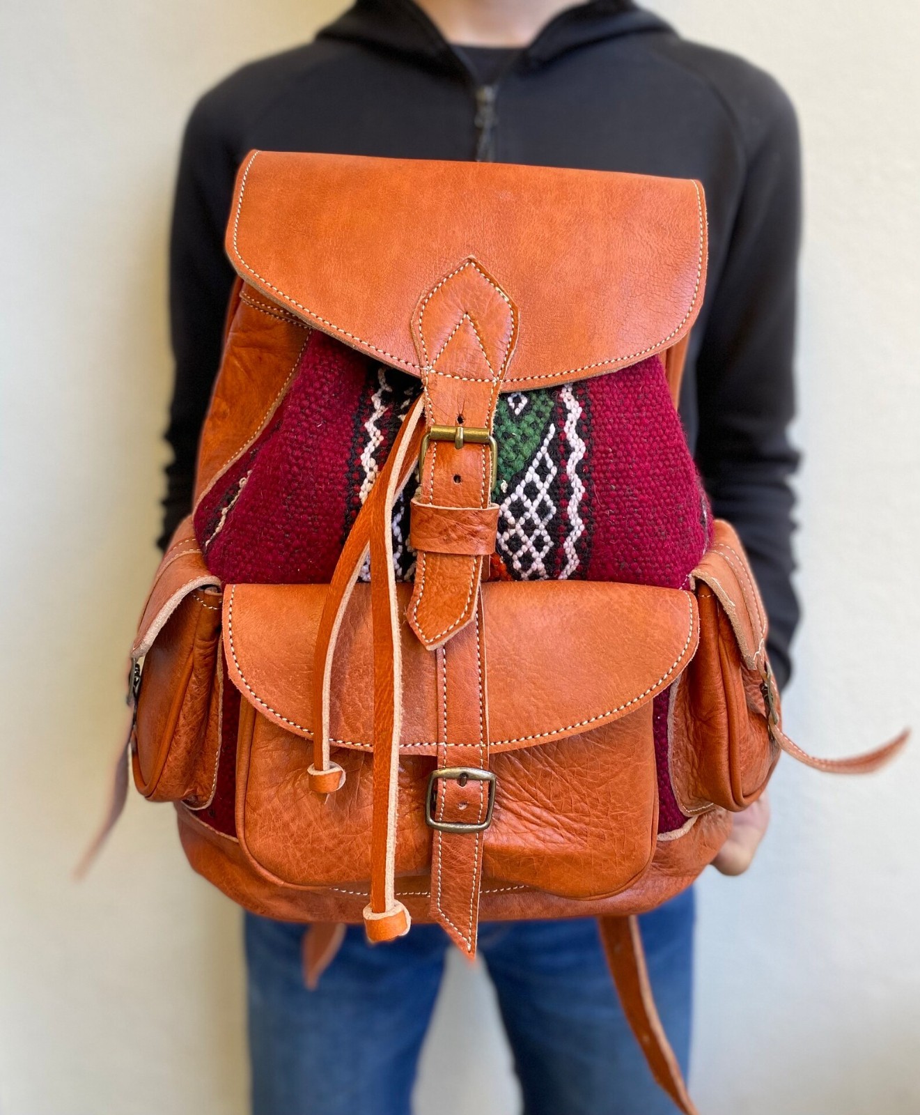 Handmade Genuine Leather & Red Kilim Backpack – Cognac Moroccan Artisan Backpack