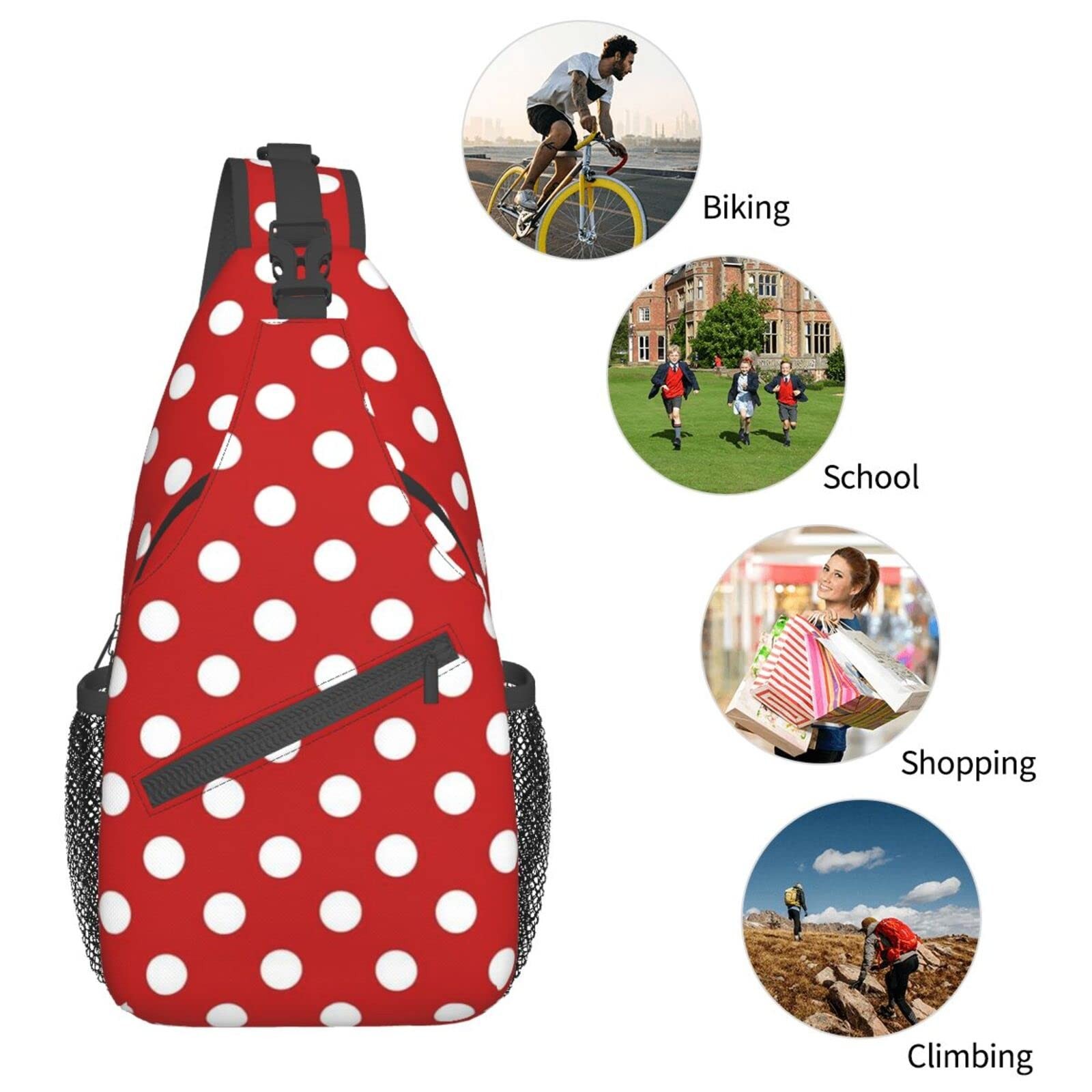 Cute Red White Polka Dot Sling Backpack,Travel Hiking Daypack Crossbody Shoul…