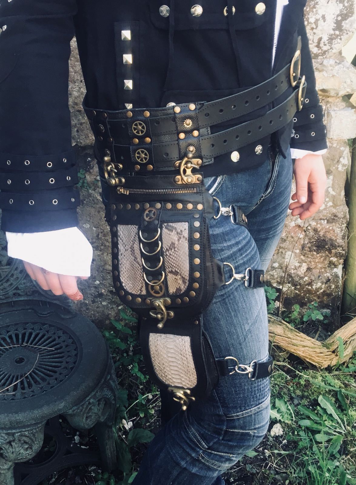 Leather & Snakeskin Steampunk Leg Bag Hip Utility Pouch Belt Biker Holster