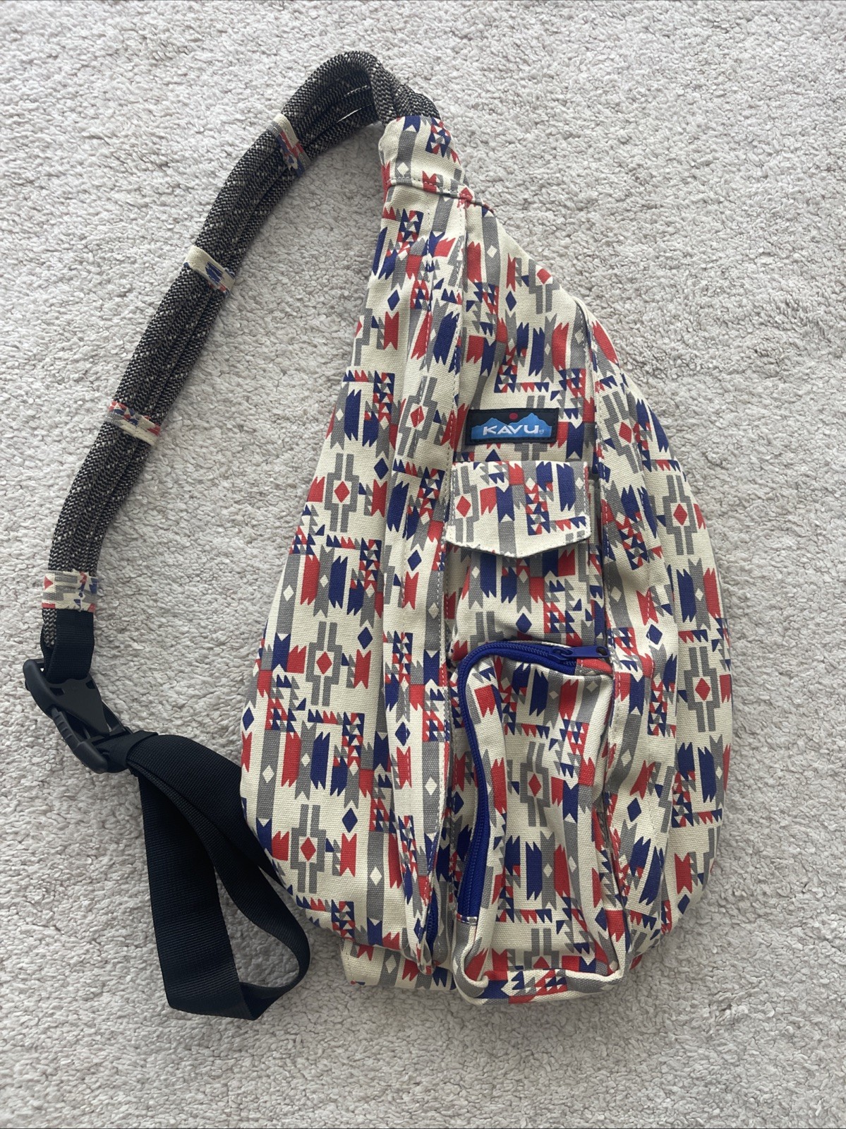 KAVU Sling Backpack Tribal Print Cotton Rope Strap Blue Red White