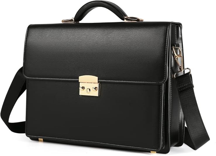 Men’s Leather Briefcase Laptop Messenger Bag, Business Lawyer Hard Case Black