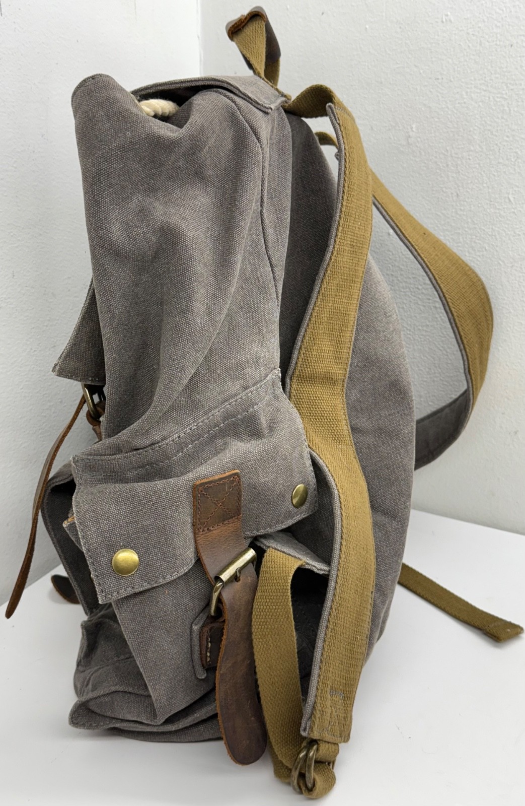 KATTEE Leather Backpack Canvas Travel Bag Rucksack Gray Brown Pockets Buckles