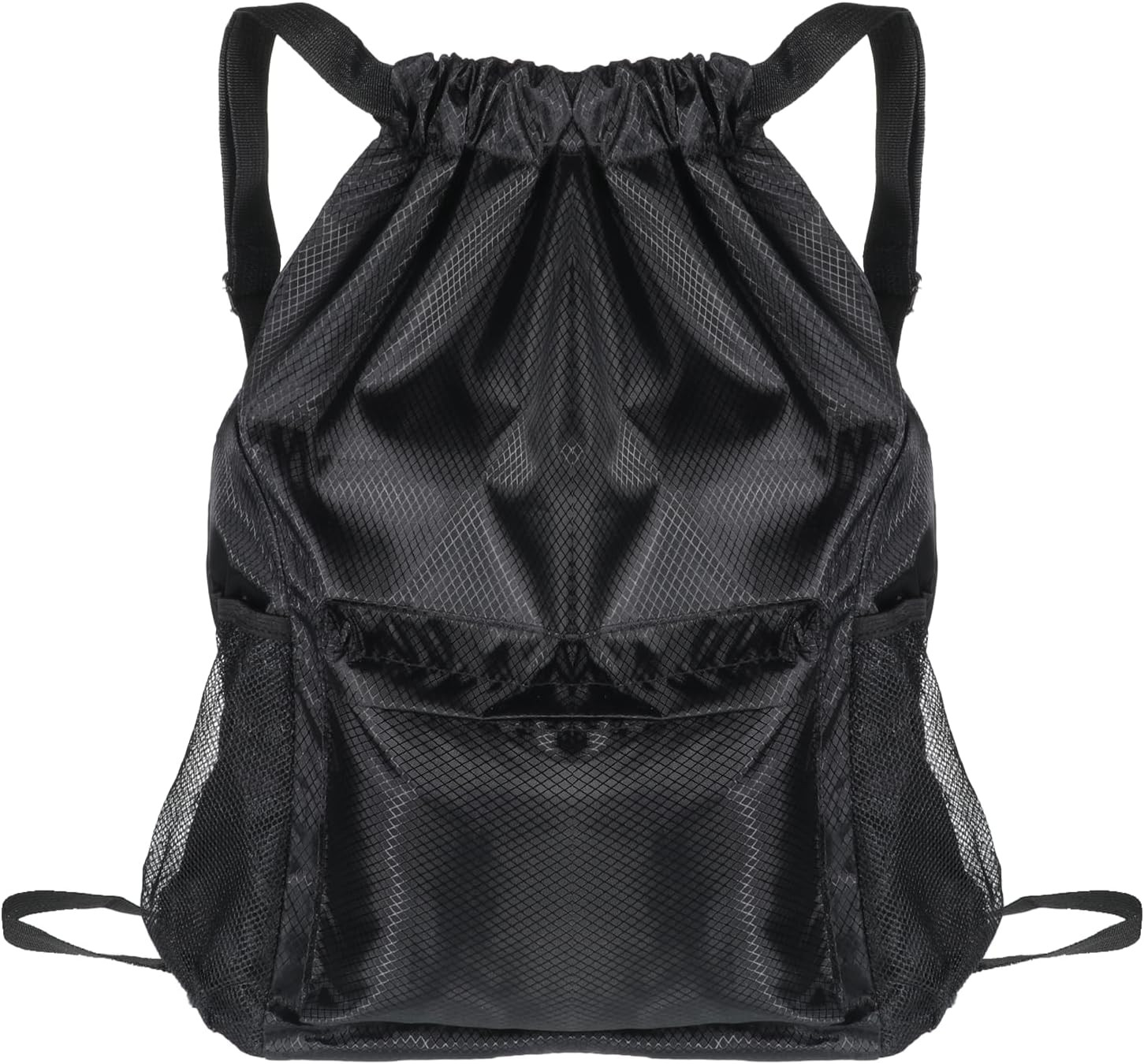 String Backpack, Sports Gym Drawstring Backpack with Water Bottle Pocket Black W