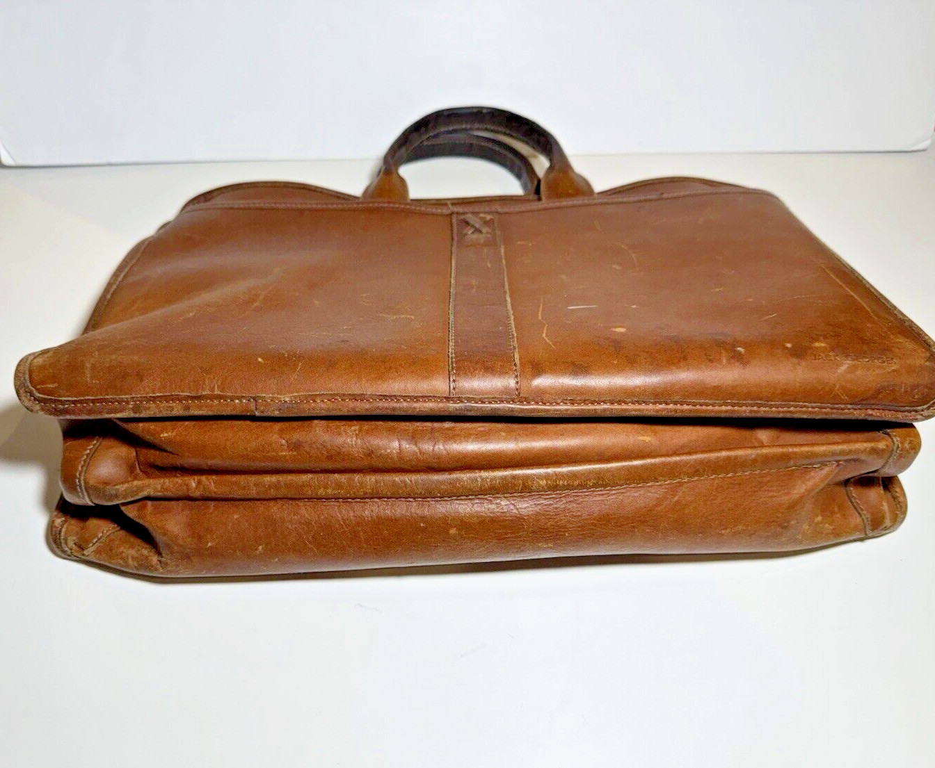 Jack Georges Brown Leather Briefcase Handles Zippers Many Pockets 16-1/2″ x 11″