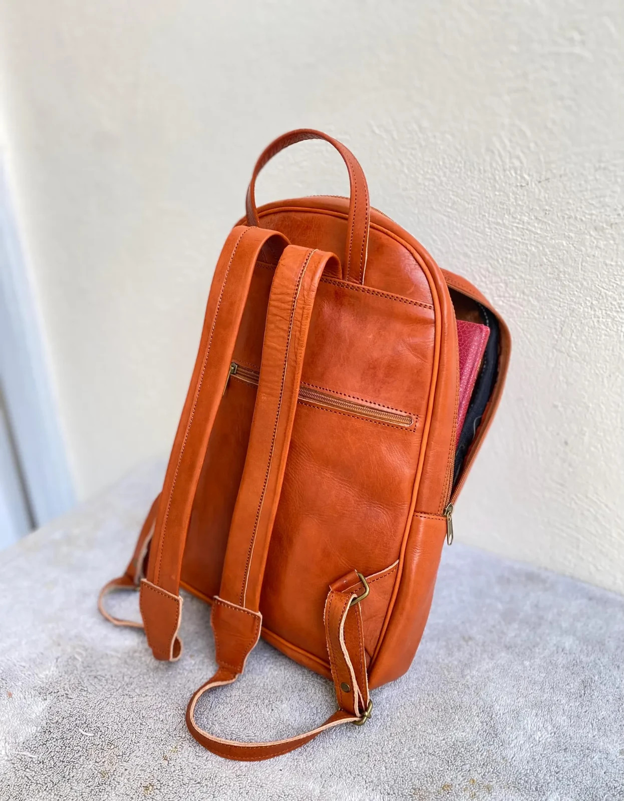 Handcrafted Genuine Leather Round Satchel Bag – Cognac | Double Front Pockets