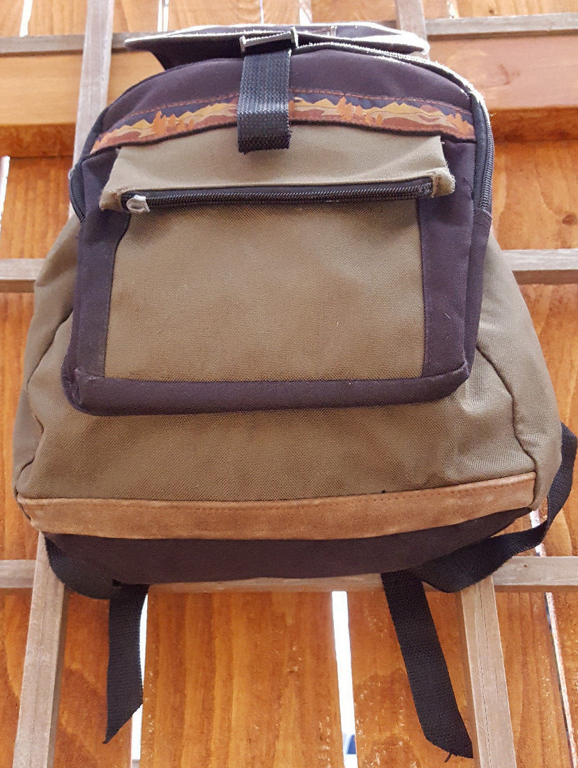 Vtg Northwest Territory Backpack-Leather Strip-Green-Pockets-School Sport Hike