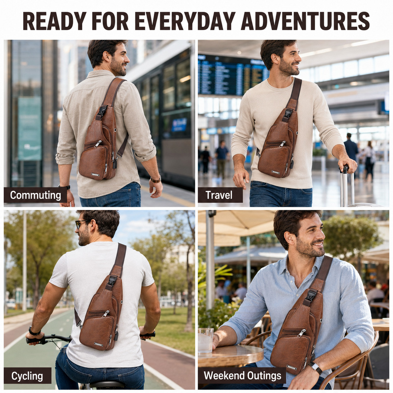Chest Crossbody Bag Sling Backpack for Men with USB Charge Port Hole