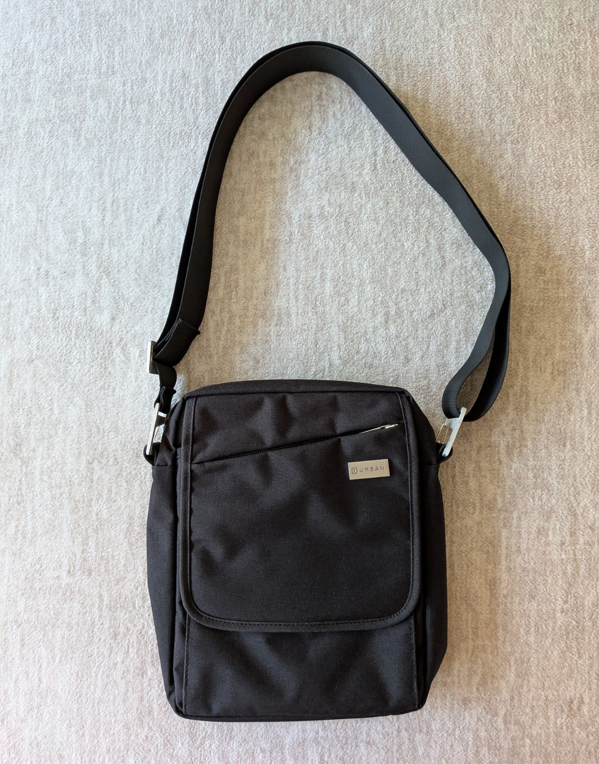 Urbani Black Crossbody Shoulder Bag, Zip/Button Closure, Pockets, Adjustable