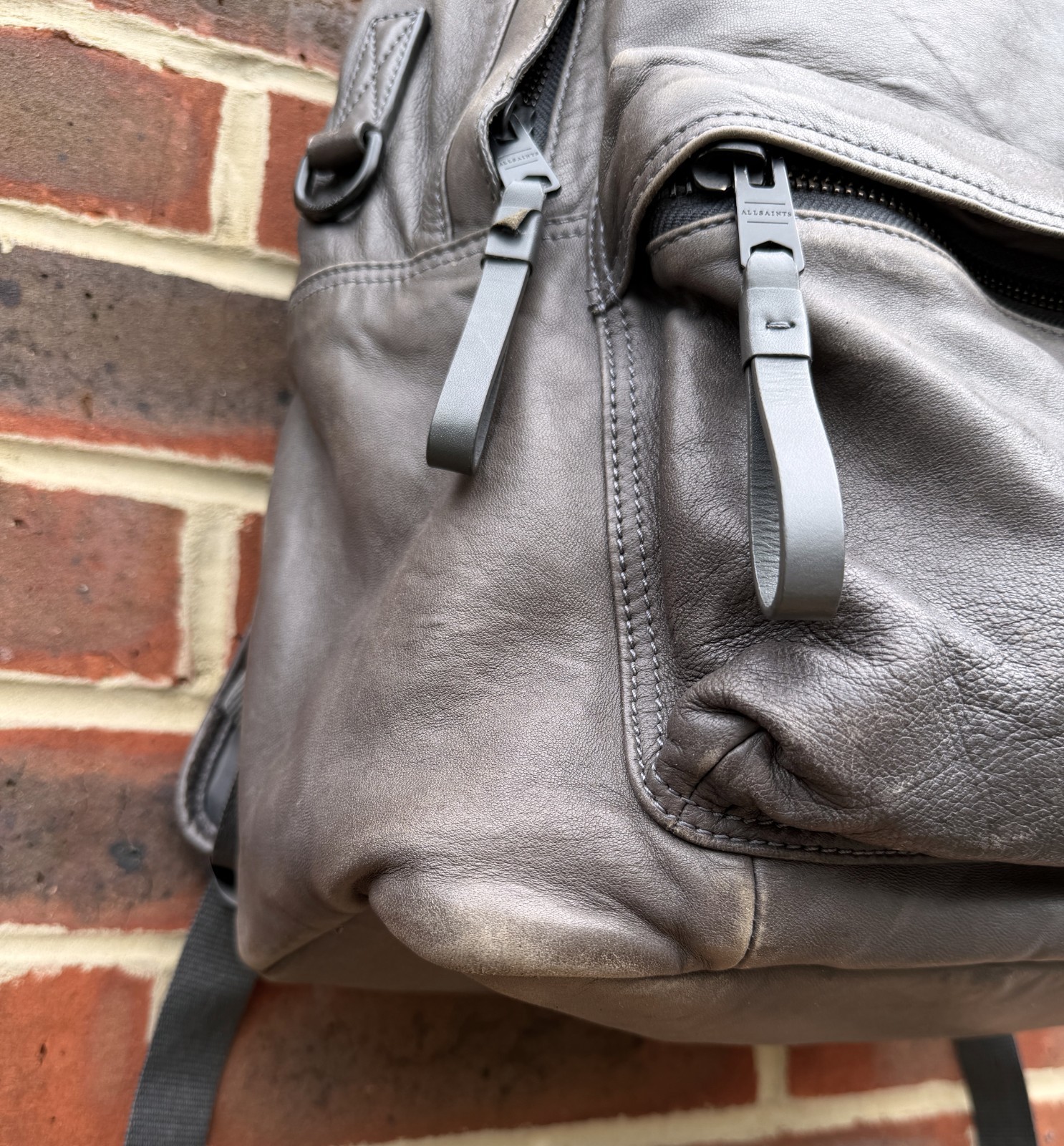 AllSaints ARENA Leather Backpack Bag Grey Brown Mens Ladies Unisex Rucksack