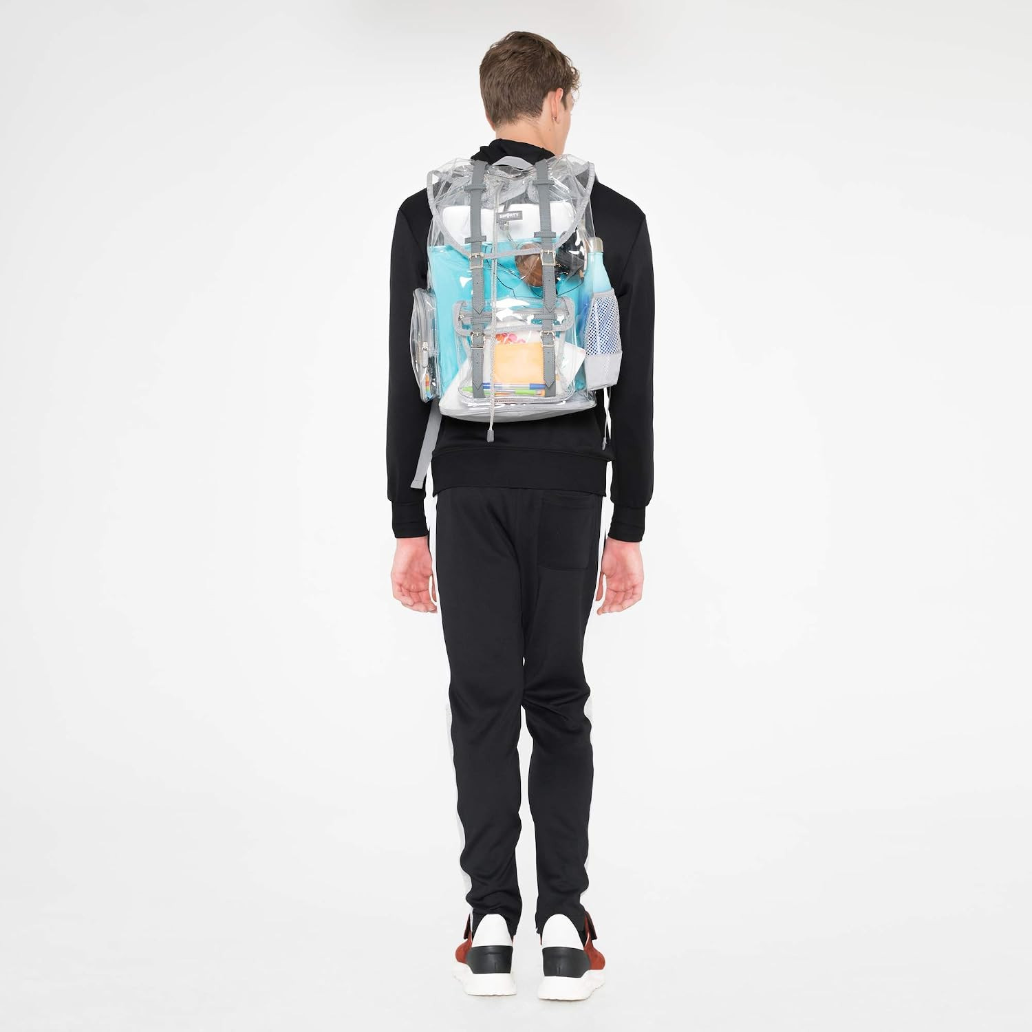 Heavy Duty Clear Backpack V2 Durable Transparent See through Bag (Gray, Large Ru