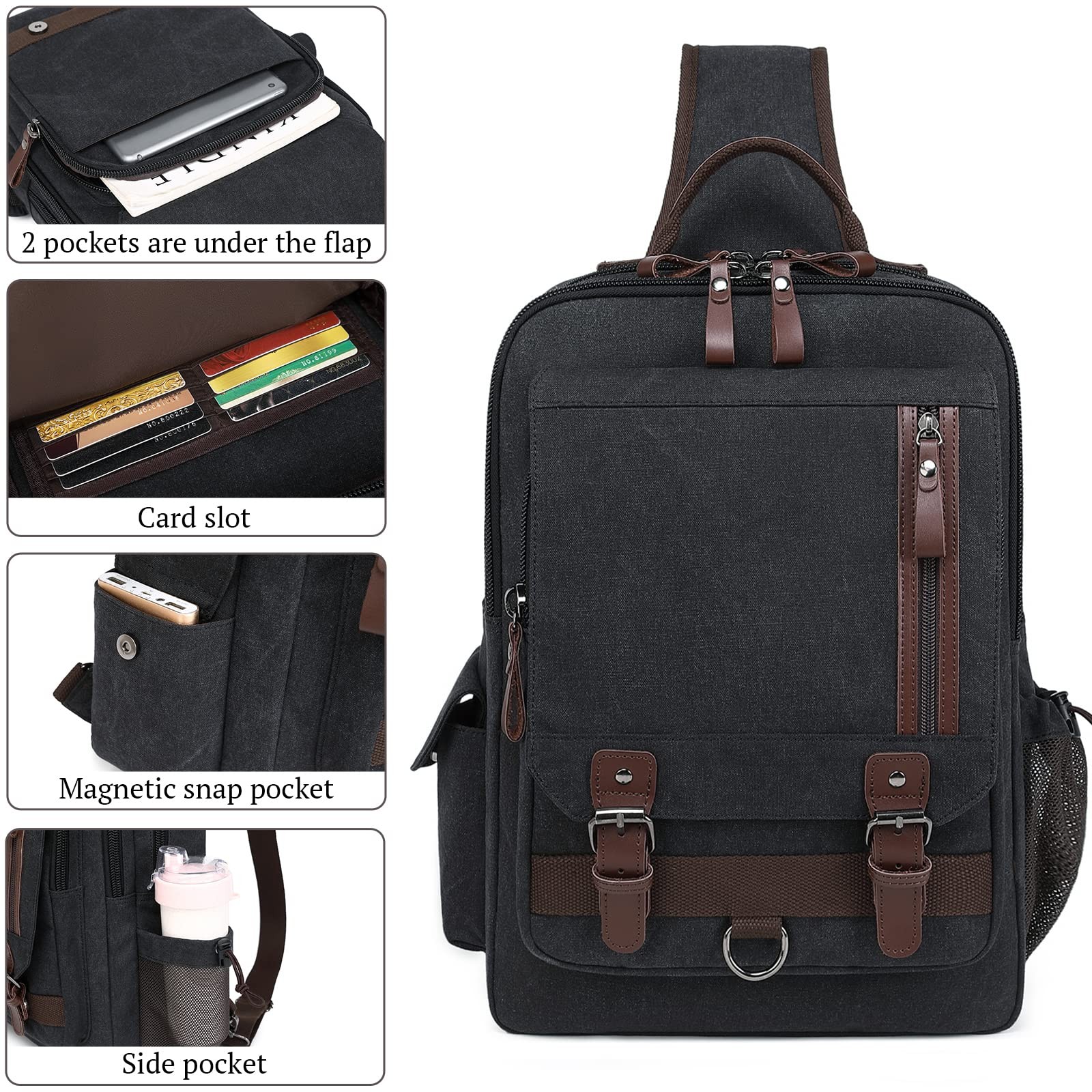 Canvas Messenger Bag 15 inch Backpack Crossbody Bags Sling Bag Black, XL