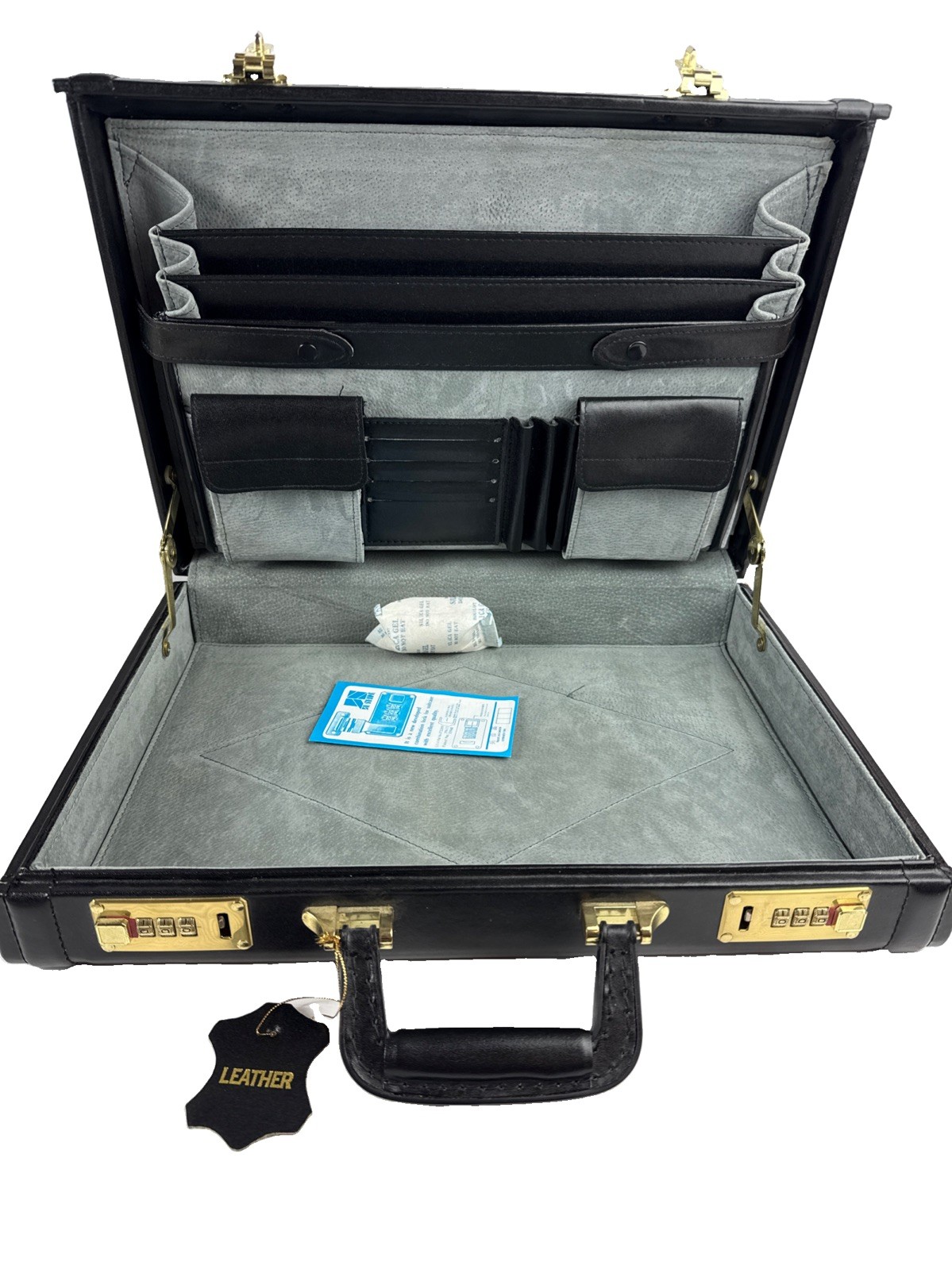 Vintage Black Leather Briefcase Hard Case Brass Dual Combination Locks New