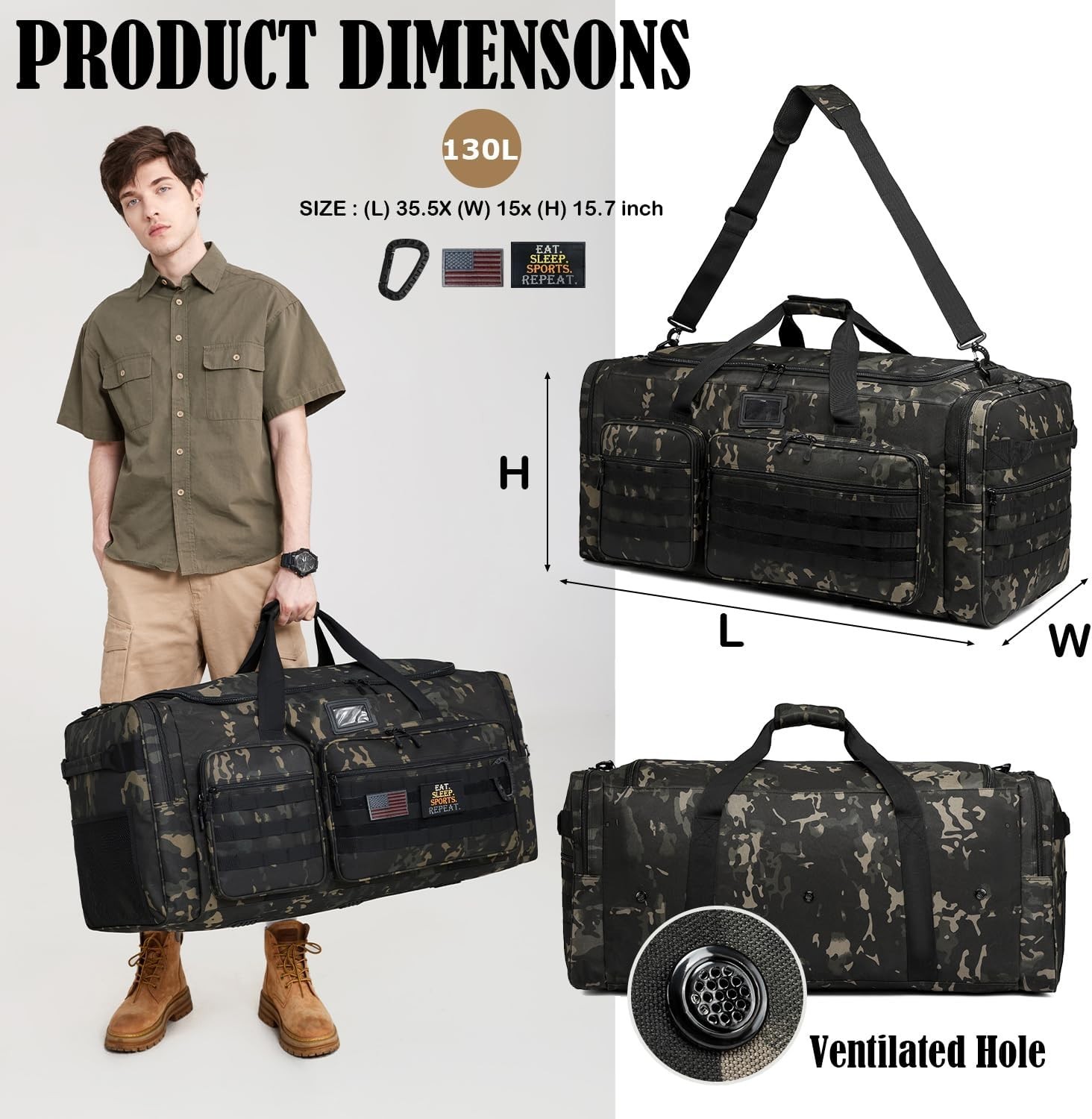 130L Extra Large Duffle Bag for Men, Heavy Duty Duffle Bag for Dark Camo