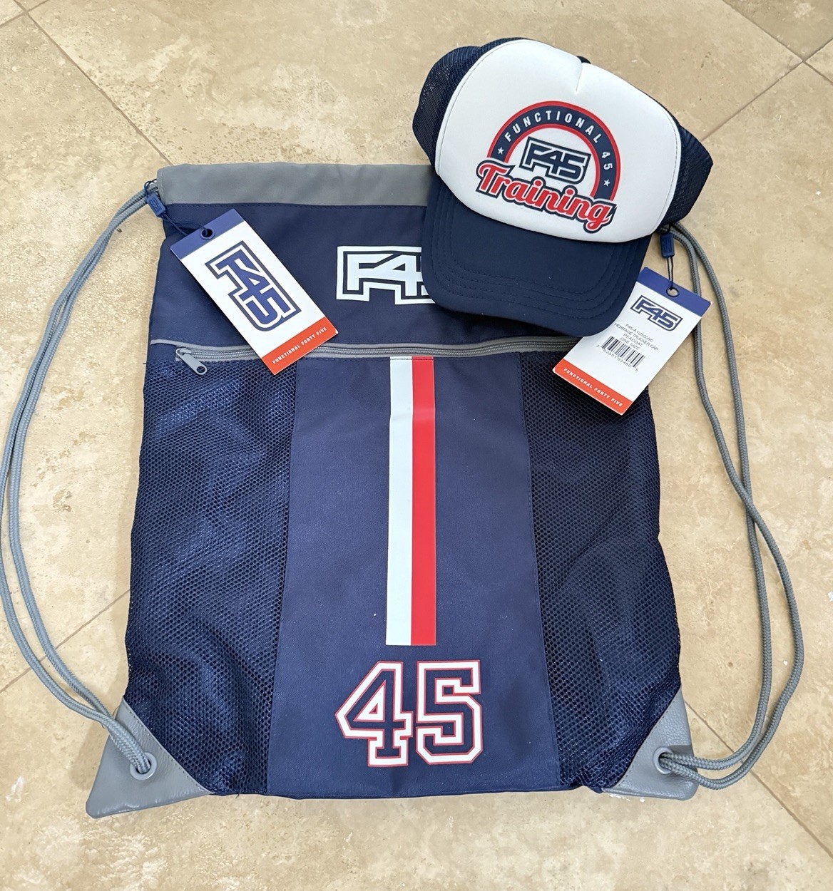 F45 Drawstring Gym Sack Peacoat With Cap – New – Excellent Condition