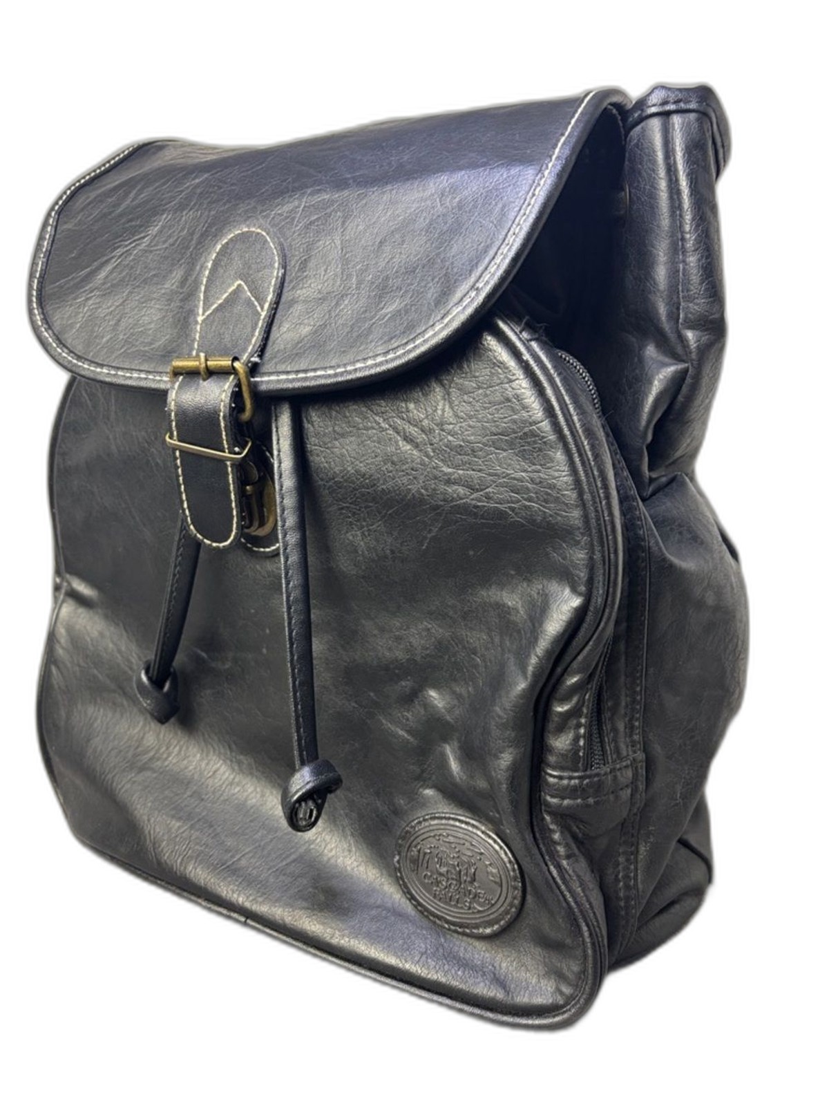 Tandem Black Leather Drawstring Backpack with Buckled Flap Cascade Falls