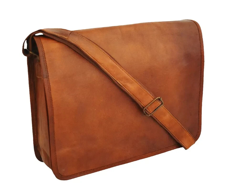 15 inch Leather Laptop Messenger Bag for Men Office Satchel Brown Shoulder Bag