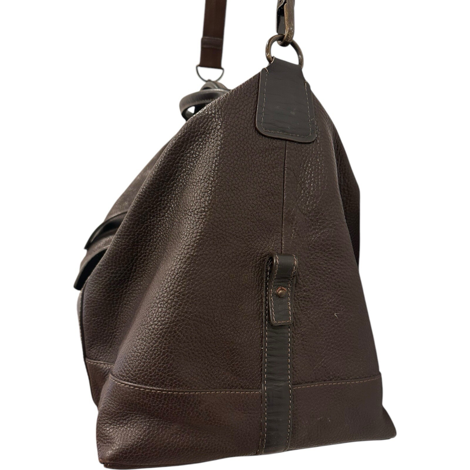 Brown Wilson’s Pebbled Leather Duffle Travel Bag Black Rivet Double Straps