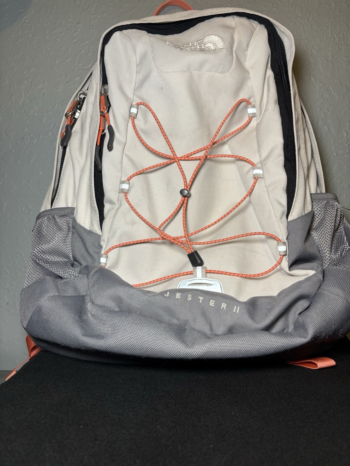 The North Face Jester II backpack Off White & Gray With Pink Trim colorway