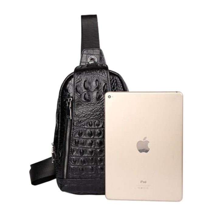 Genuine Leather Sling Backpack, Black Mens Crossbody Chest Bag Crocodile Pattern