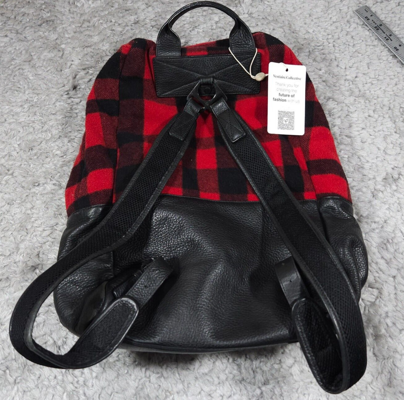 READ Mcq by Alexander Mcqueen Red Black Buffalo Plaid Wool Leather Backpack