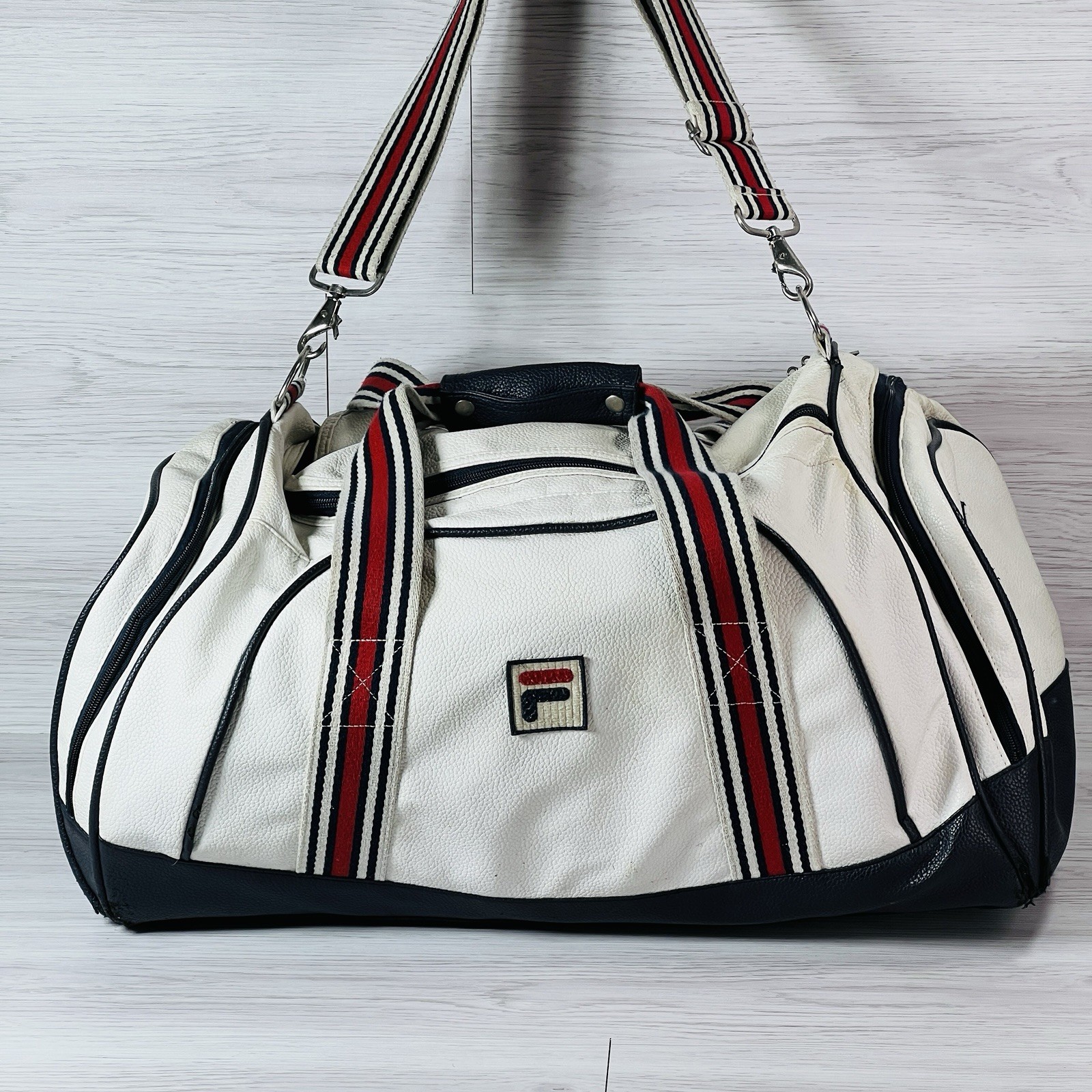 Vintage 90s FILA White Grant Hill Tennis Basketball Navy Large Duffel See Pics