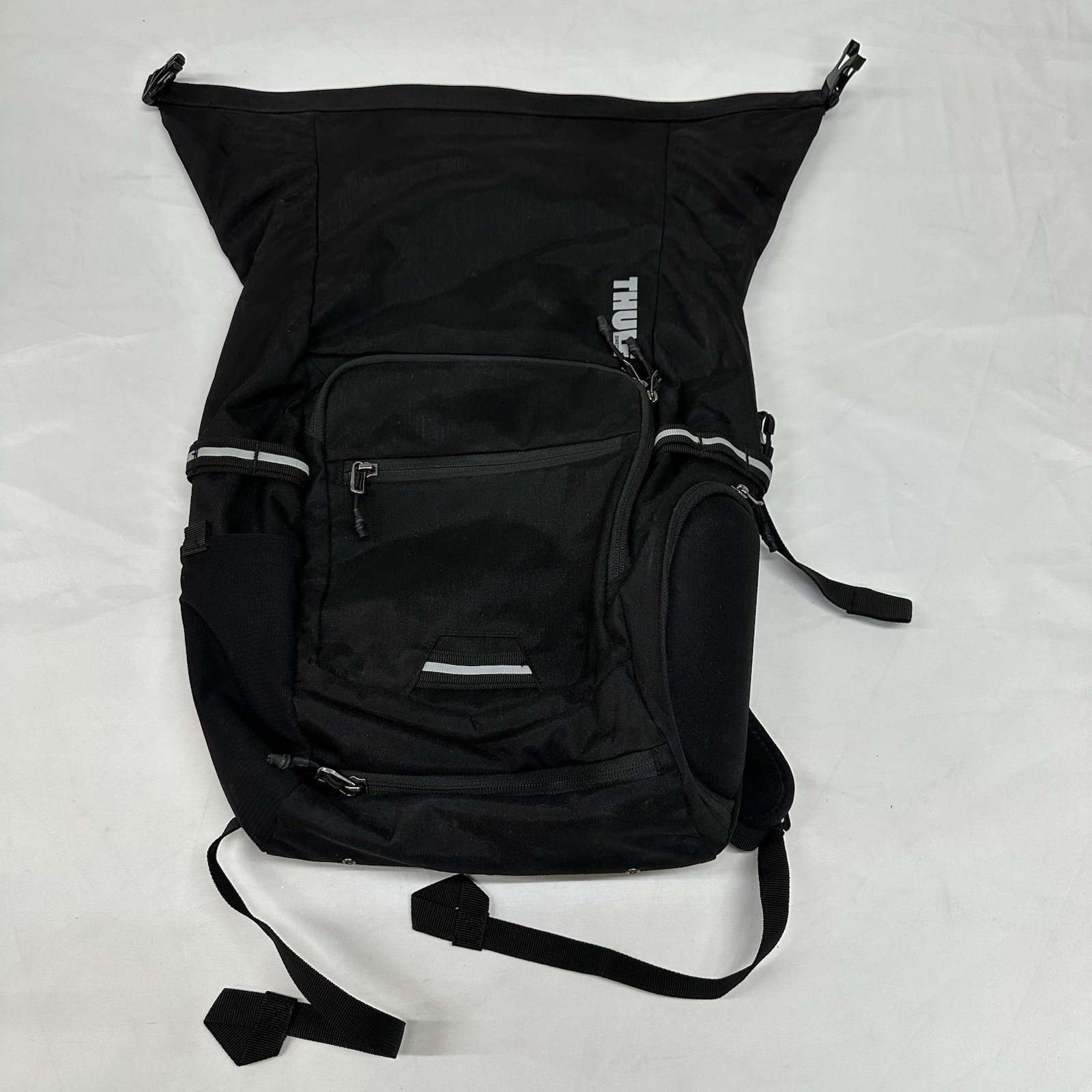 Thule Sweden Black Roll Top Backpack w/ Blue Rain Cover Cycling Laptop Bag