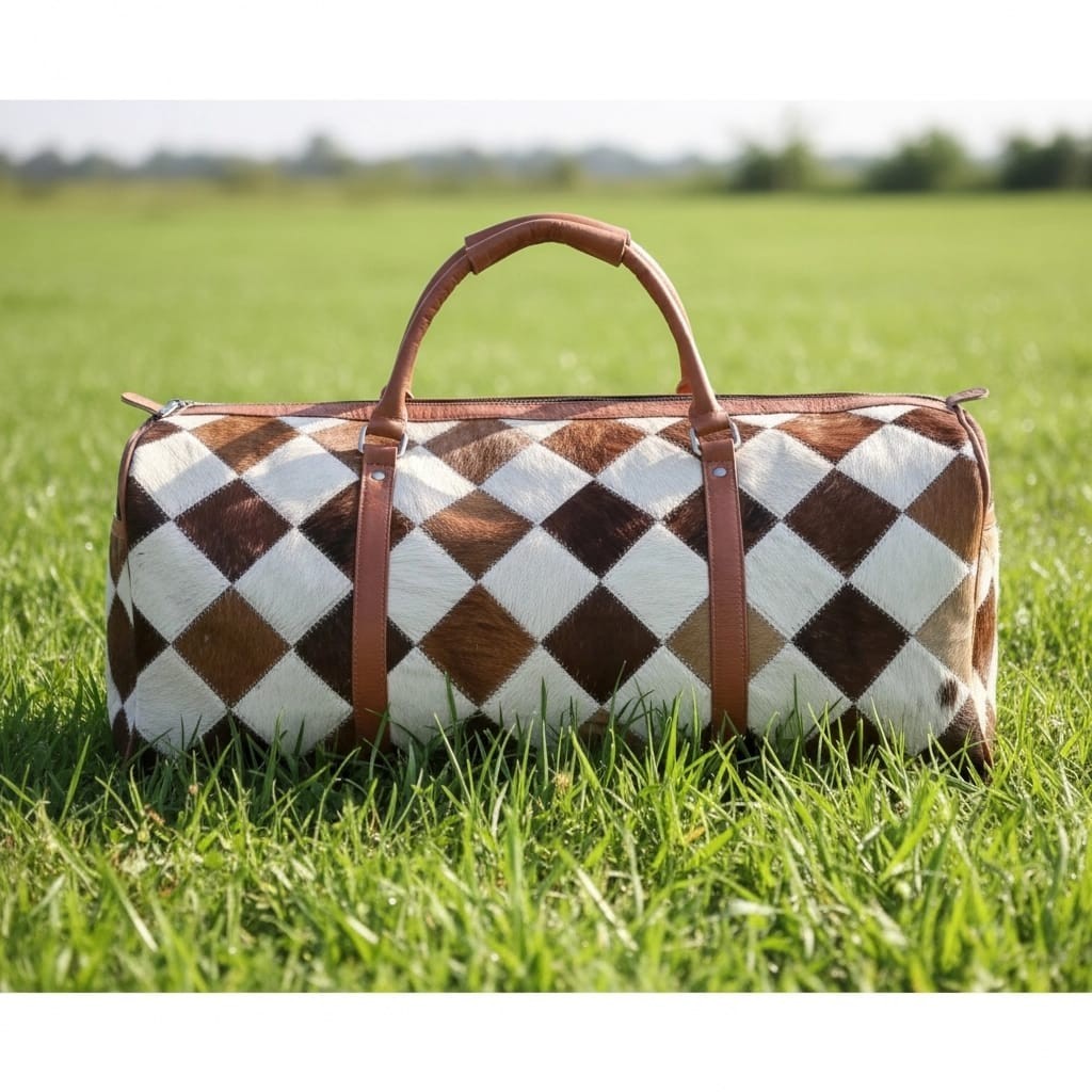 Patchwork Cowhide Leather Duffle Bag: Handmade Travel Gym Weekender